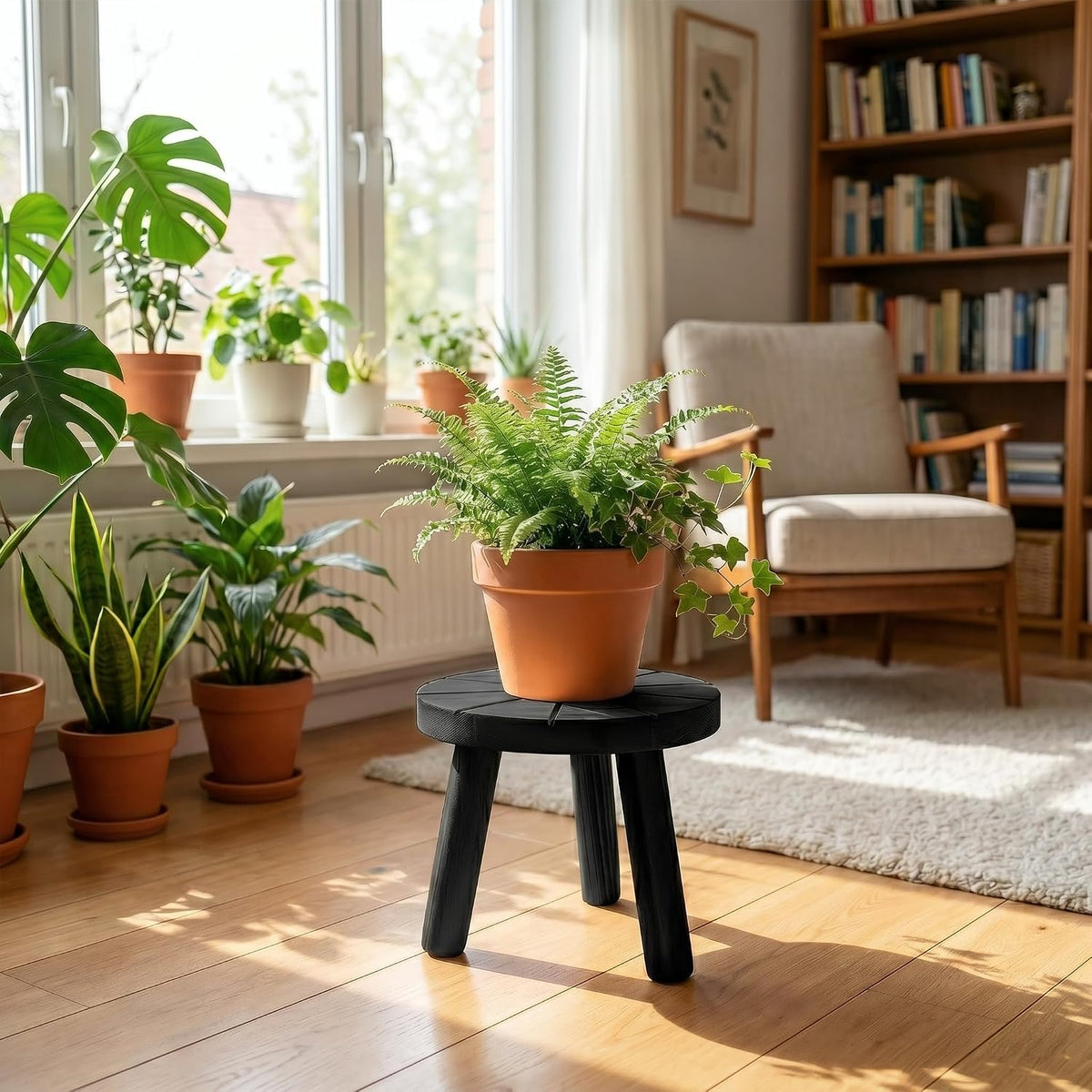 Wood Plant Stands 3-Pack Indoor, Plant Stool, Black | Premium carbonized pine with moisture-resistant, burr-free