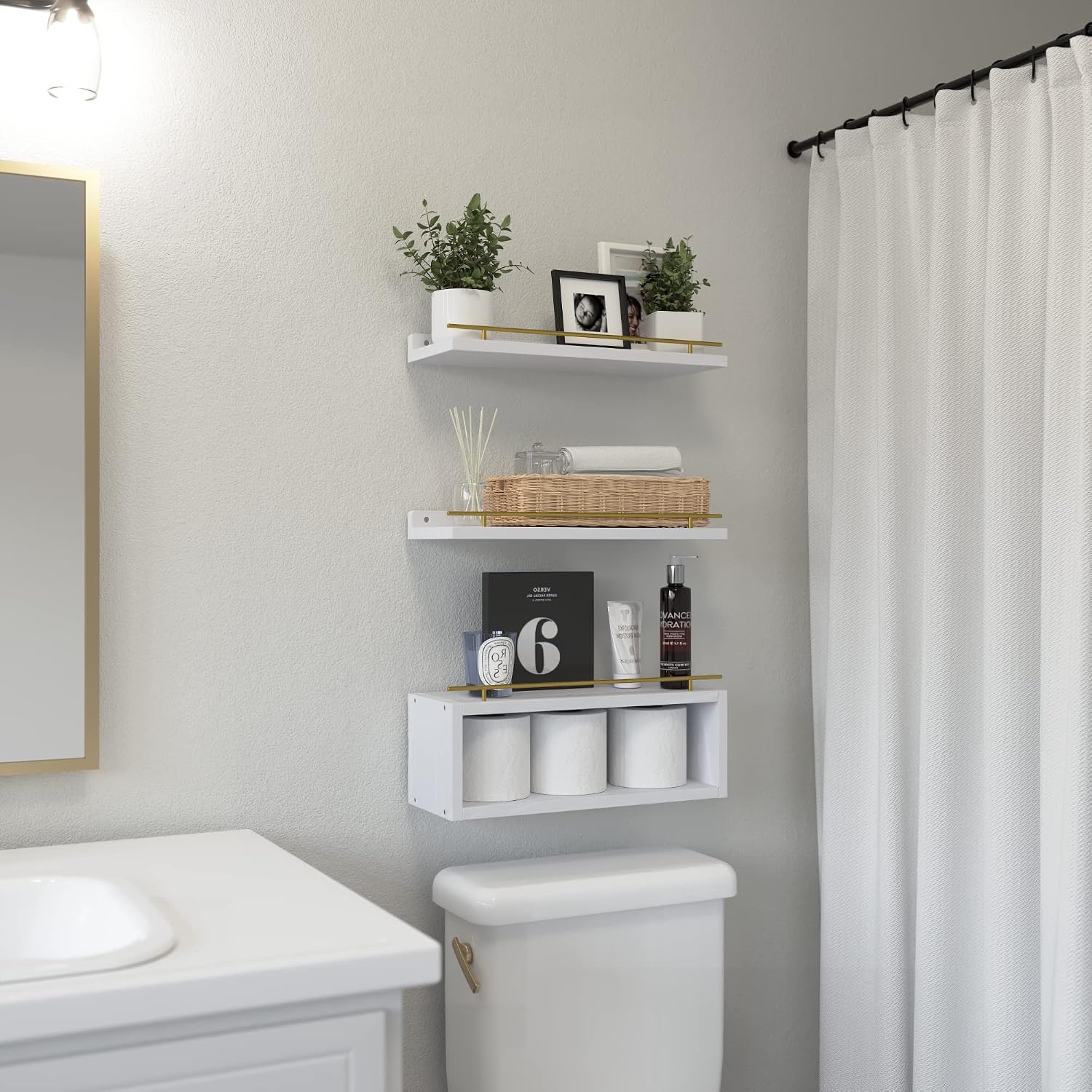 Floating Shelves for Wall with Cube Shelf, Wall Shelves with Metal Rail for Decor, Bathroom Organizers and Storage