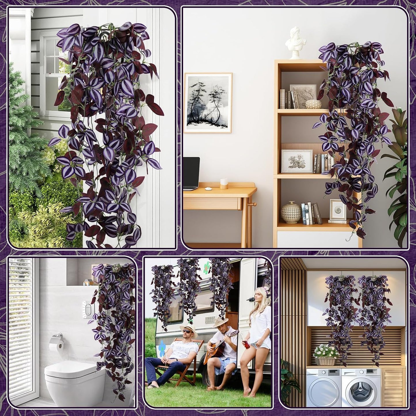 Faux Hanging Plant Artificial Greenery / Purple-eyed Hairy Leaf / Set of 2
