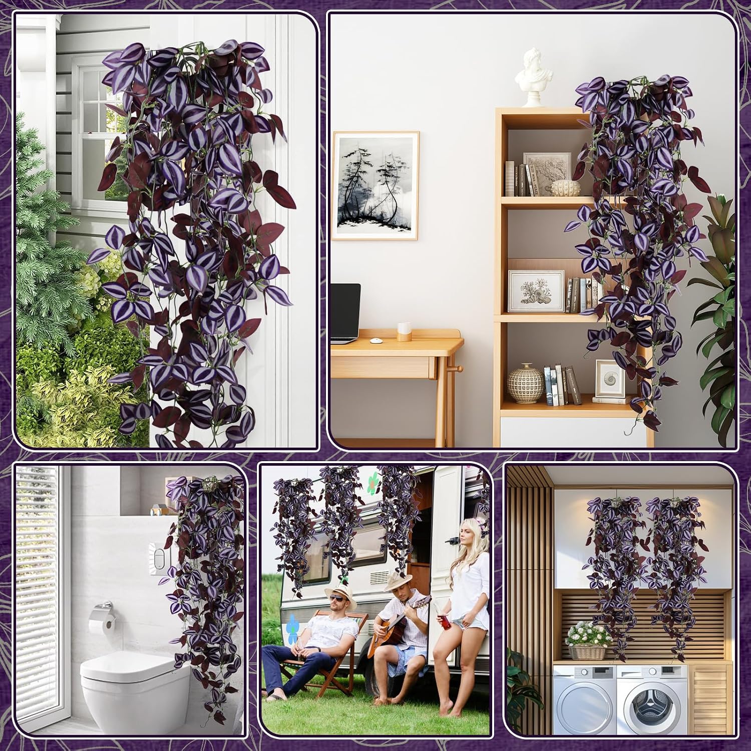 Faux Hanging Plant Artificial Greenery / Purple-eyed Hairy Leaf / Set of 2