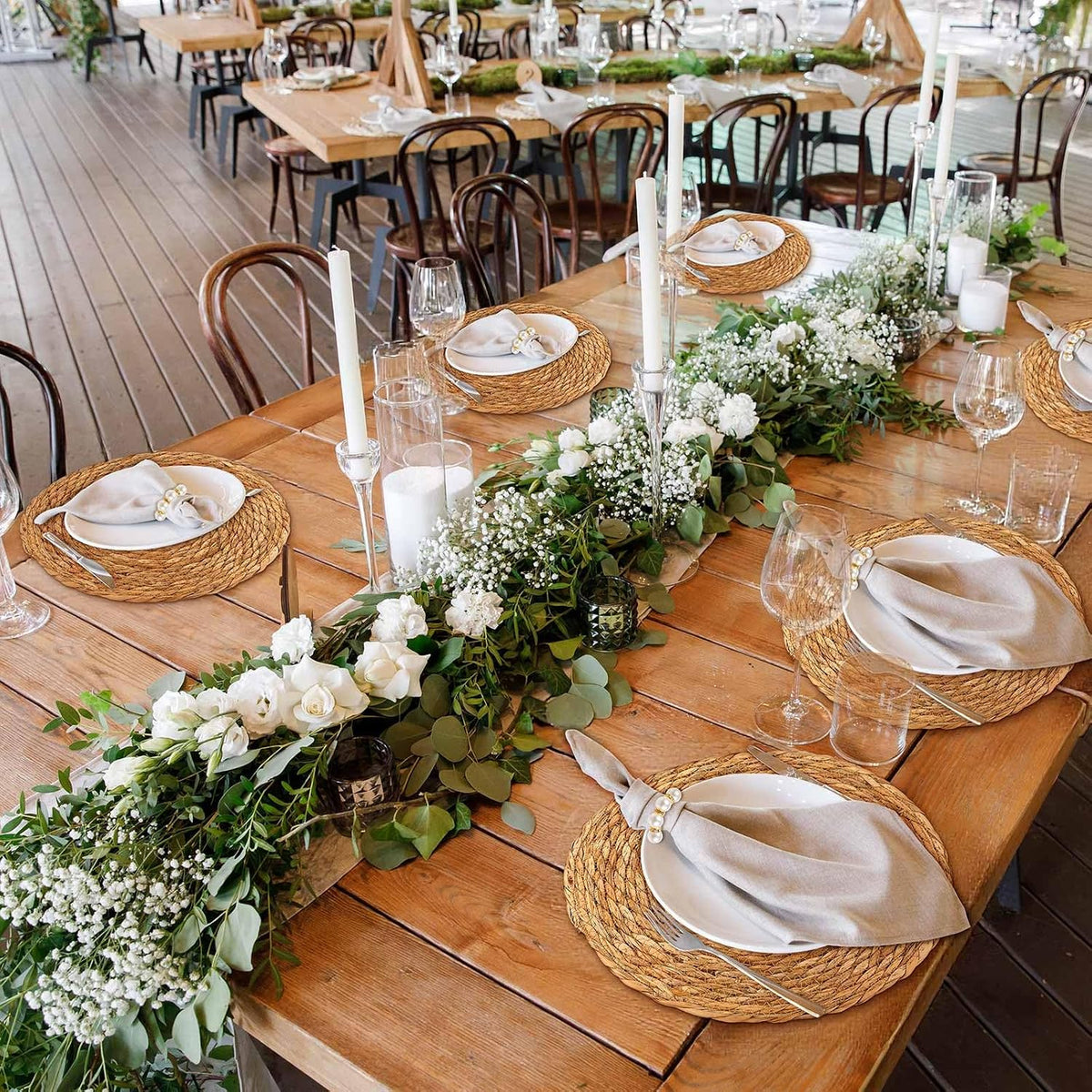 30 Pcs Cattail Round Woven Placemats Set, Cattail Placemats with Pearl Napkin Rings Boho Farmhouse Rustic Woven