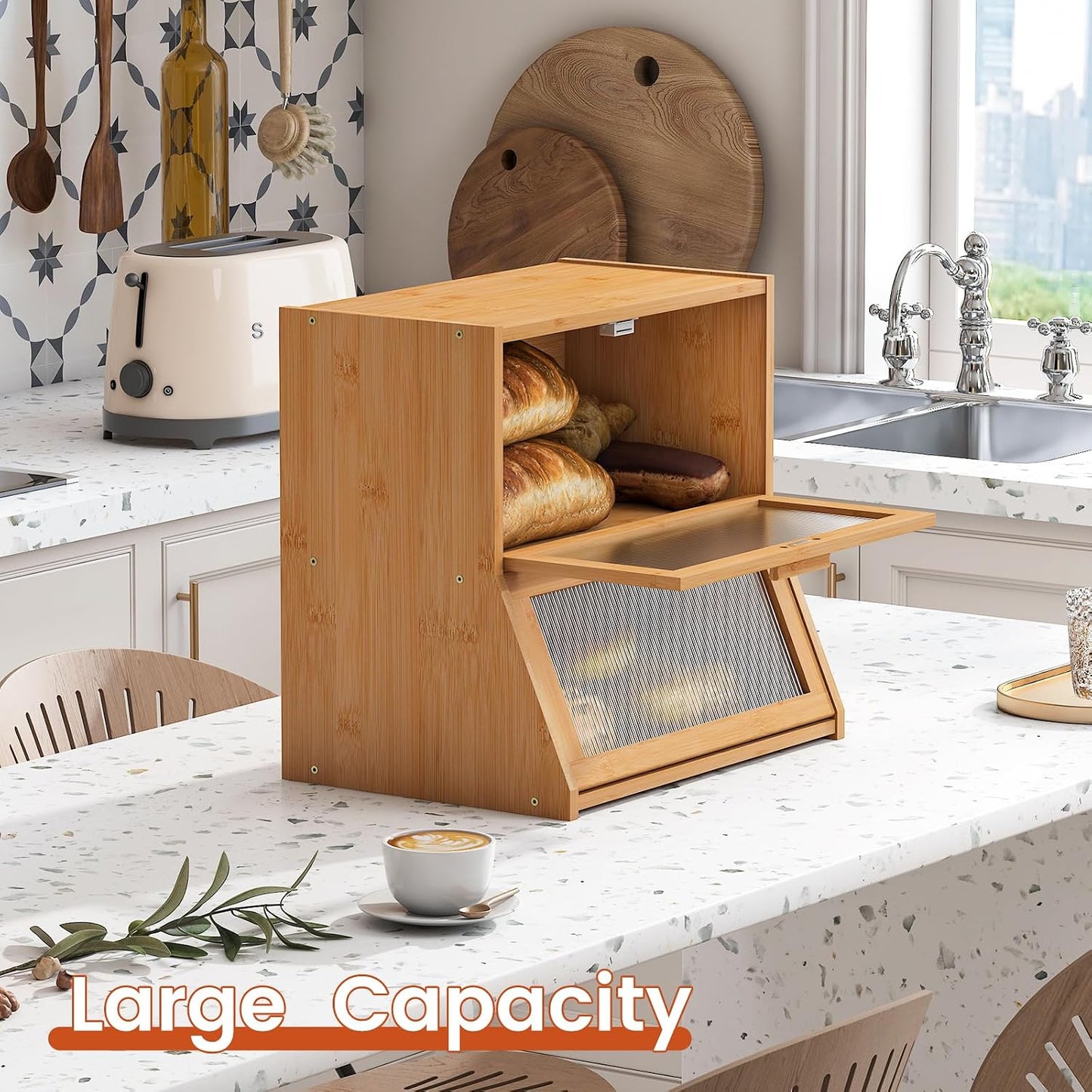 GHWIE Double Layer Bamboo Bread Box for Kitchen Counter,Large Capacity Bread Storage Bin,Bread Container with Acrylic