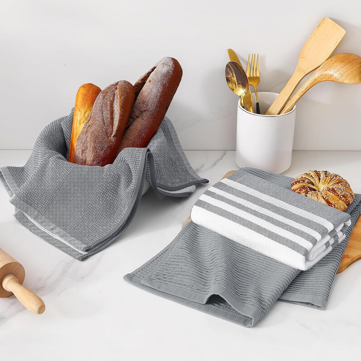 Homaxy Cotton 380 GSM Premium Kitchen Towels, 18"x 28", 12 Pack, Grey | Soft and Absorbent Terry Dish Towels