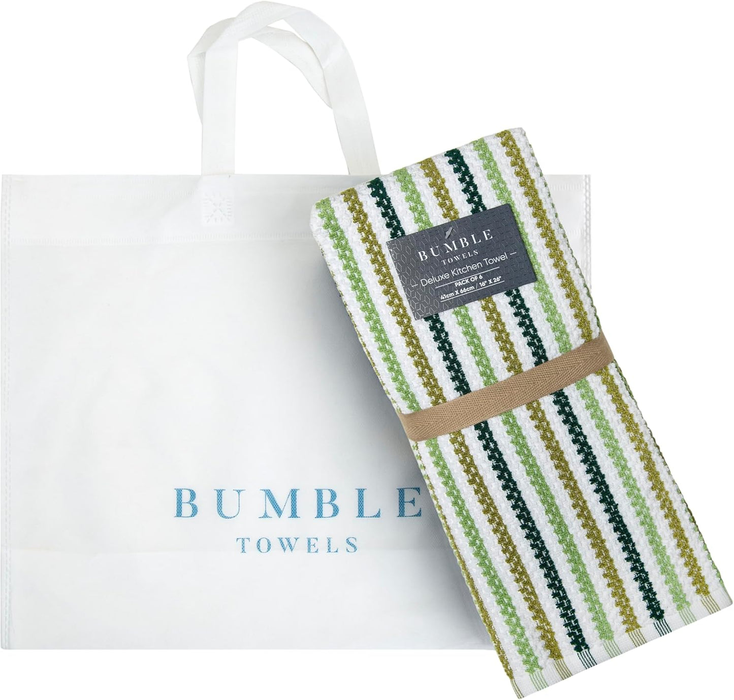 Bumble Kitchen Towels 6 Pack 100% Cotton 16"x26" - Sage Wide Stripe | 430 GSM Soft Kitchen Hand Towels with Hanging