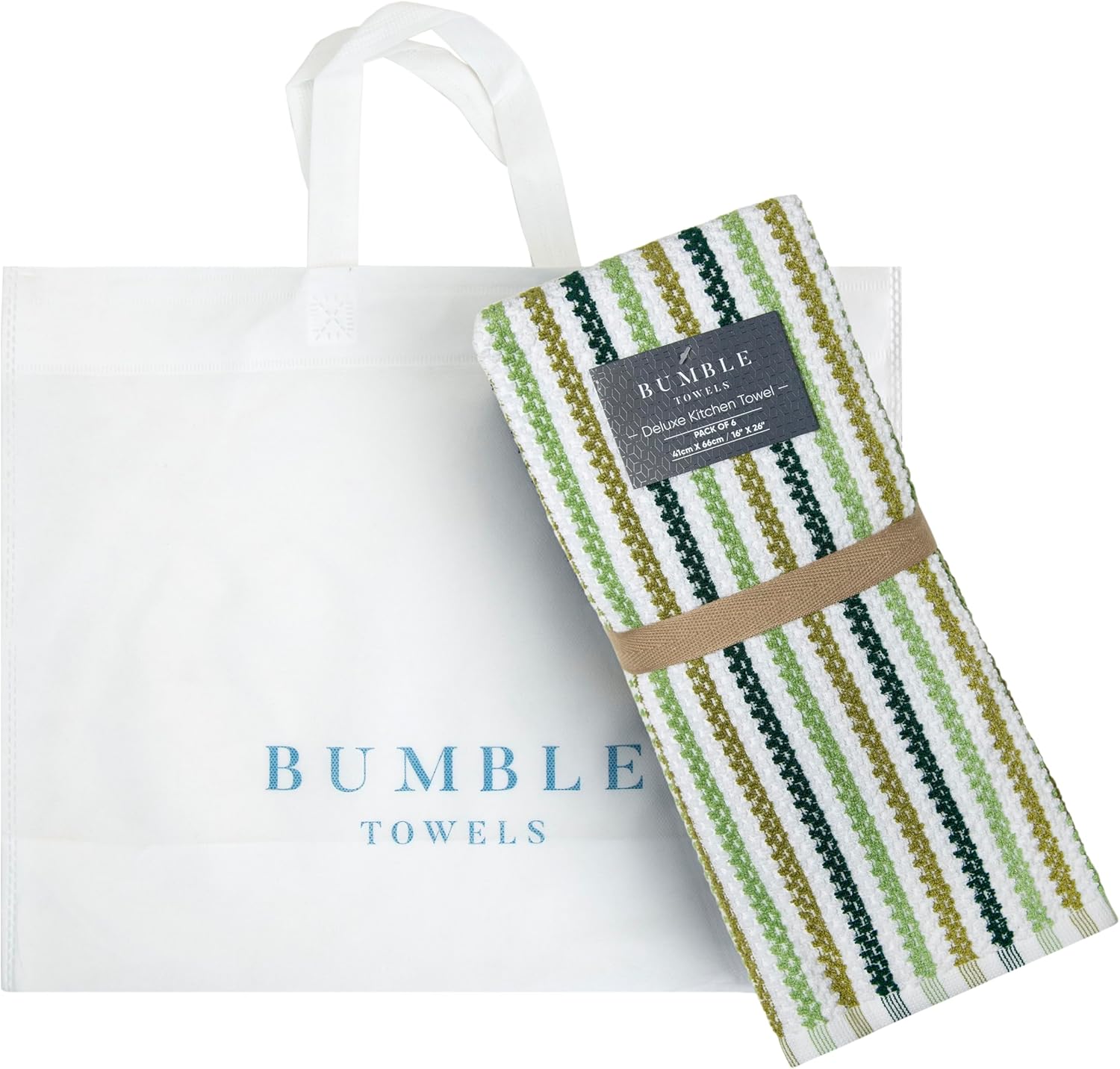 Bumble Kitchen Towels 6 Pack 100% Cotton 16"x26" - Sage Wide Stripe | 430 GSM Soft Kitchen Hand Towels with Hanging