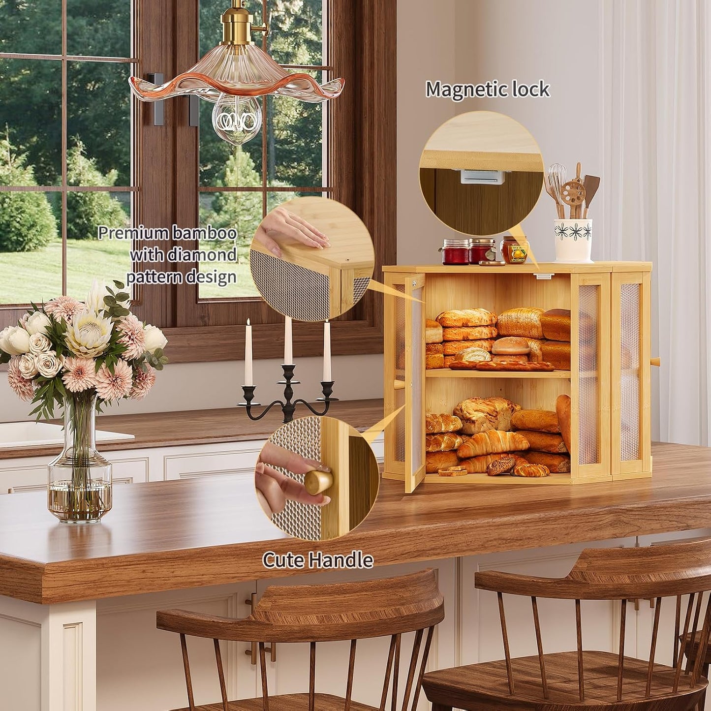 Corner Bread Box for Kitchen Countertop,Bread Storage for Homemade Bread, Double Layer Large Bamboo Kitchen Storage Bin