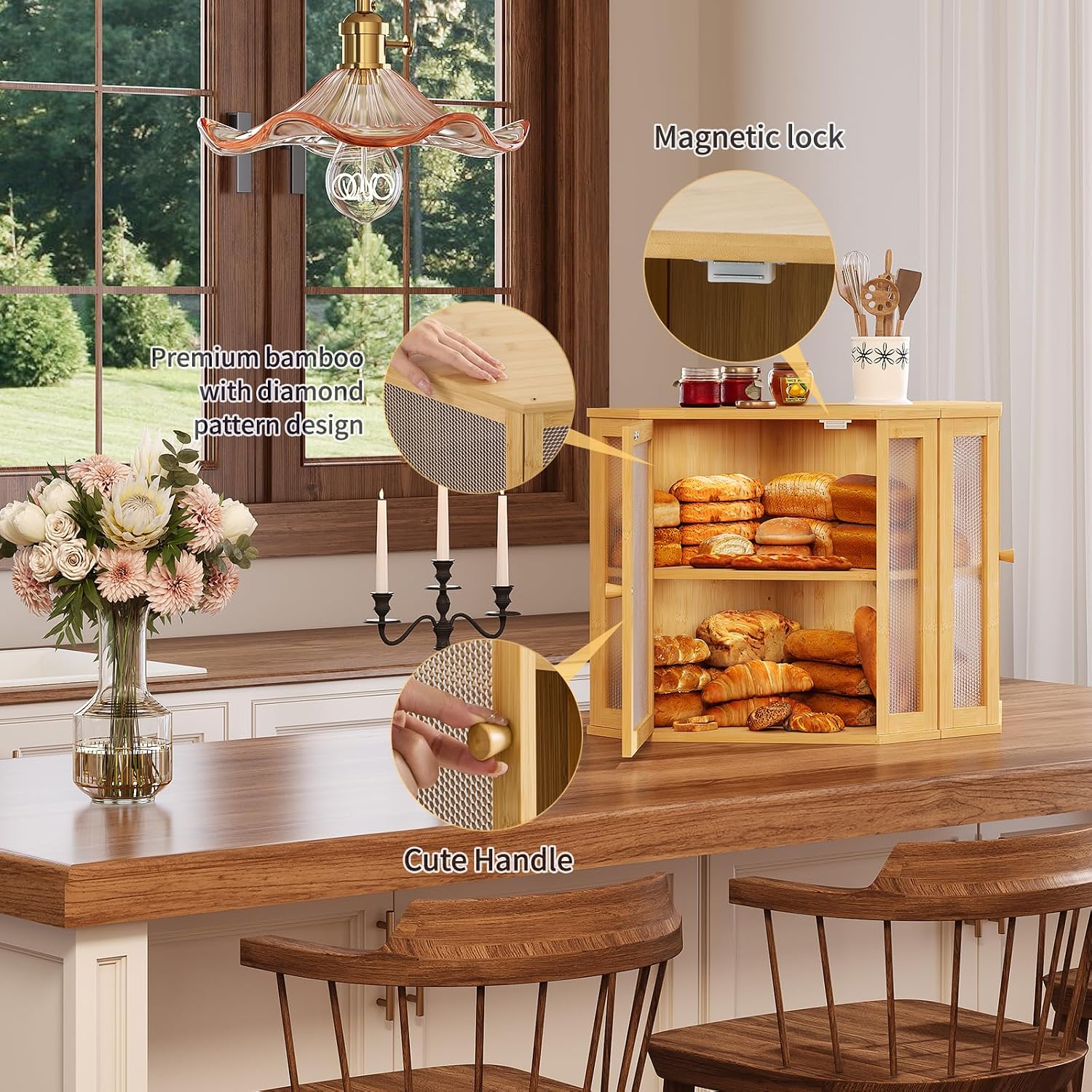 Corner Bread Box for Kitchen Countertop,Bread Storage for Homemade Bread, Double Layer Large Bamboo Kitchen Storage Bin