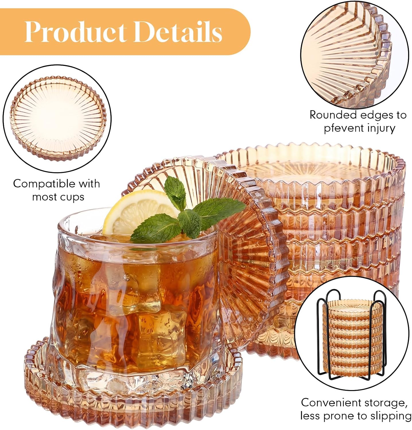 Holder Drink Coasters Crystal Round Beverage Cup Mats Candle Holder Tray / Amber / Clear / Set of 8