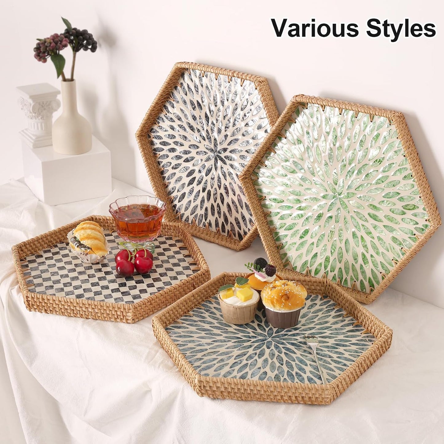 Hexagon Rattan Tray / Light Blue Leaves