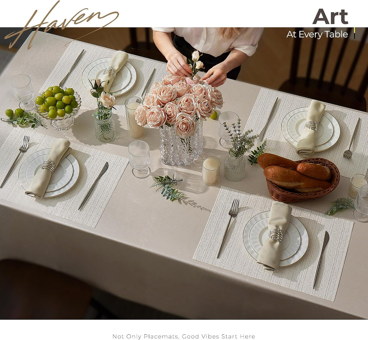 Leetaltree Woven Vinyl Placemats Set of 24,White and Silver | High Density，Stain Resistant, Easy to Clean, Washable