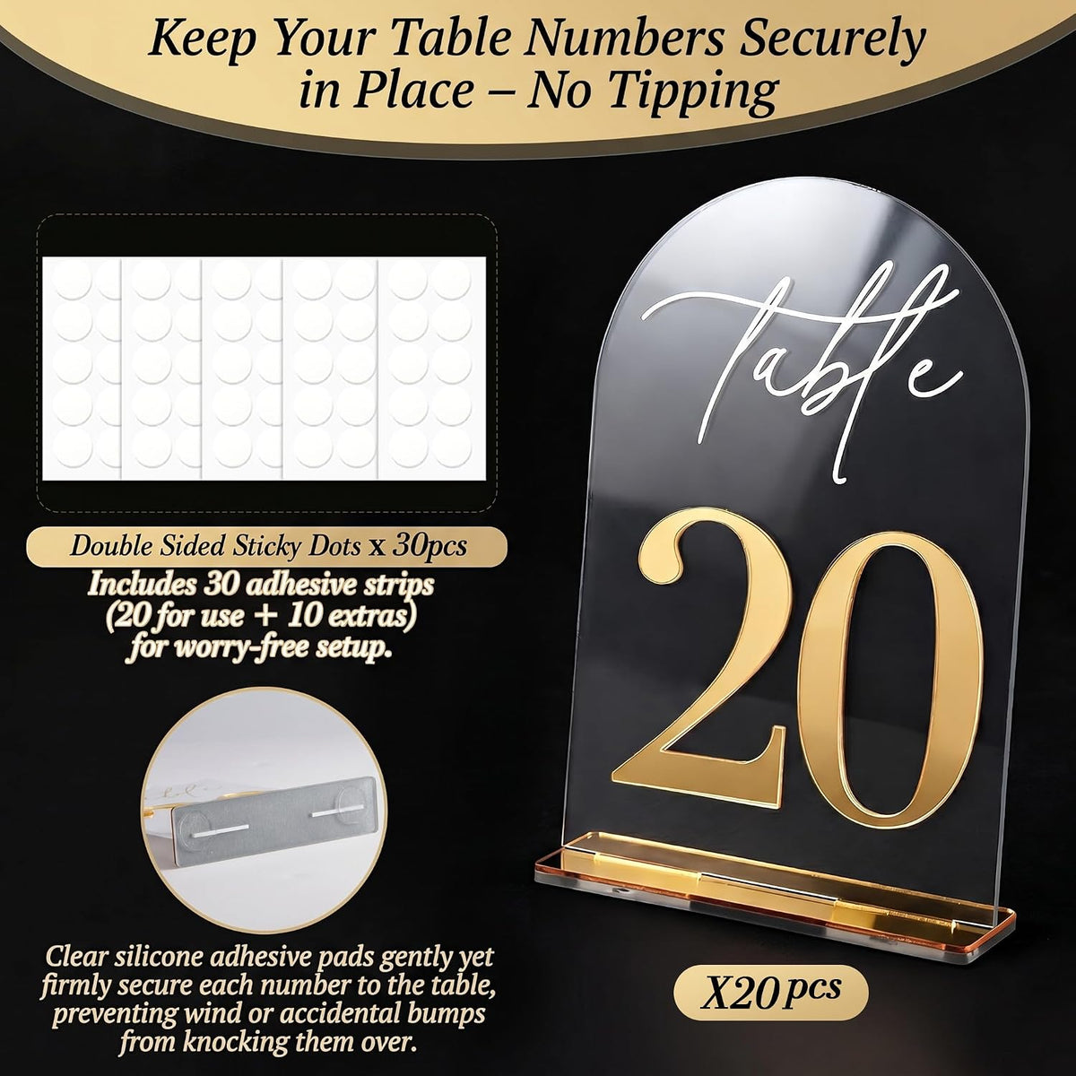 Crystal Clear Acrylic Wedding Table Numbers 1-20 Set, Self-Standing Modern Arched Signs for Reception Seating