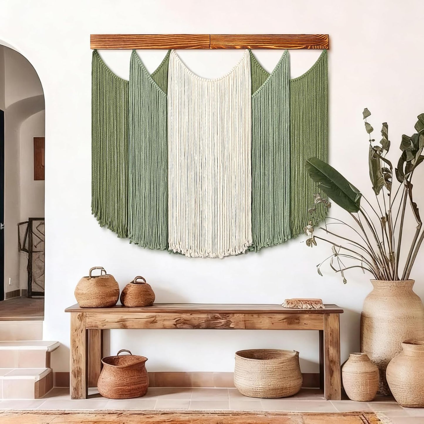 Macrame Wall Hanging Dip-Dyed Large Boho Wall Decor Yarn Tapestry Handmade Sage Woven / Green
