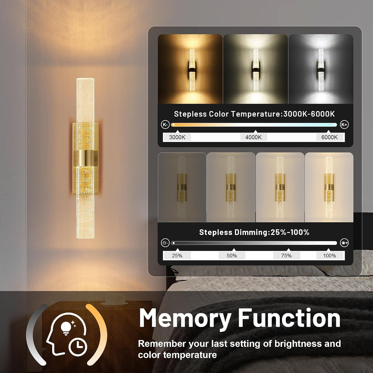 KARTOOSH Gold Battery Operated Wall Sconce Set of Two with Remote Control | Rechargeable Wireless Wall Decor Light