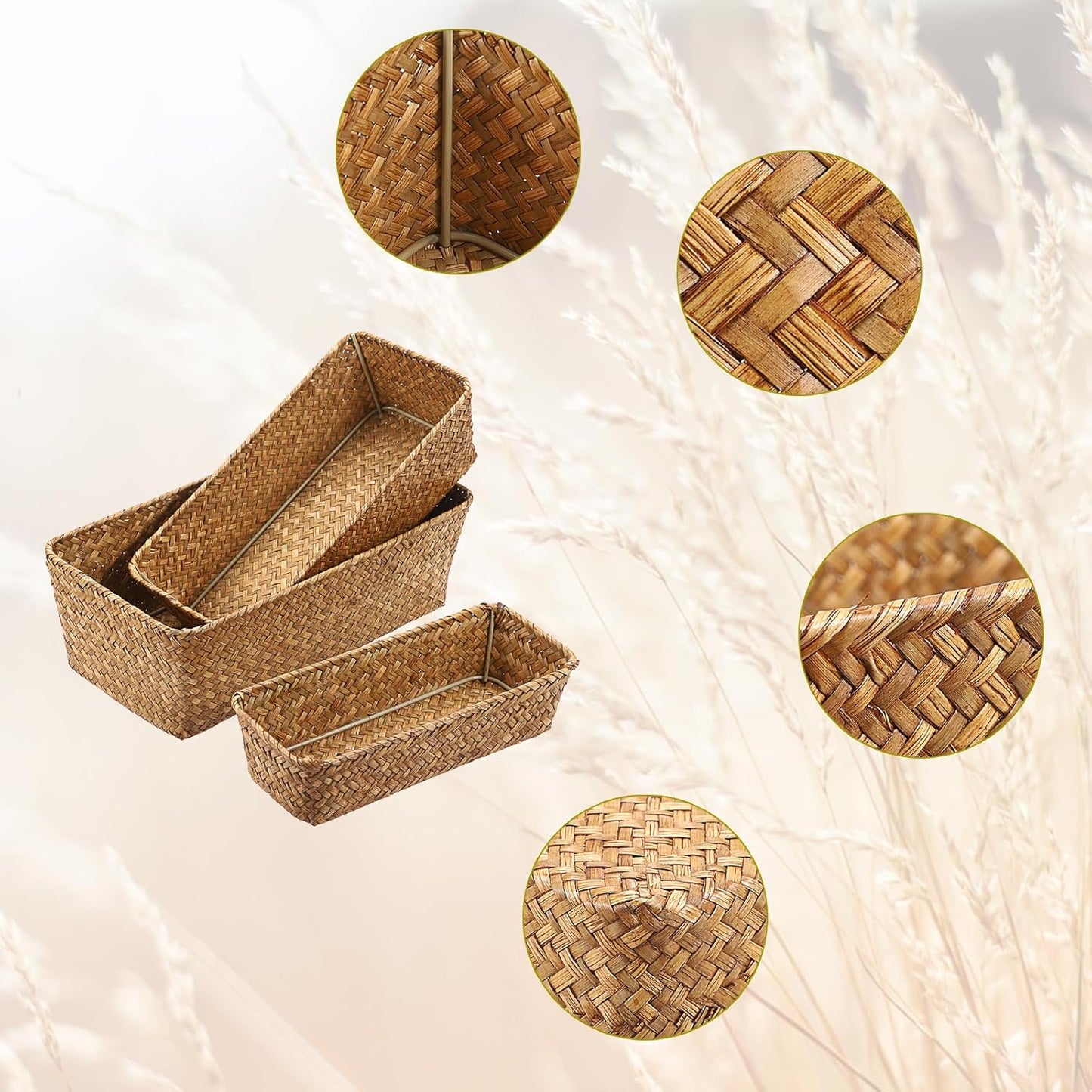 3 Wicker Basket Set Rectangular Handwoven Seagrass Basket Storage / Caramel / Natural / Set of 3