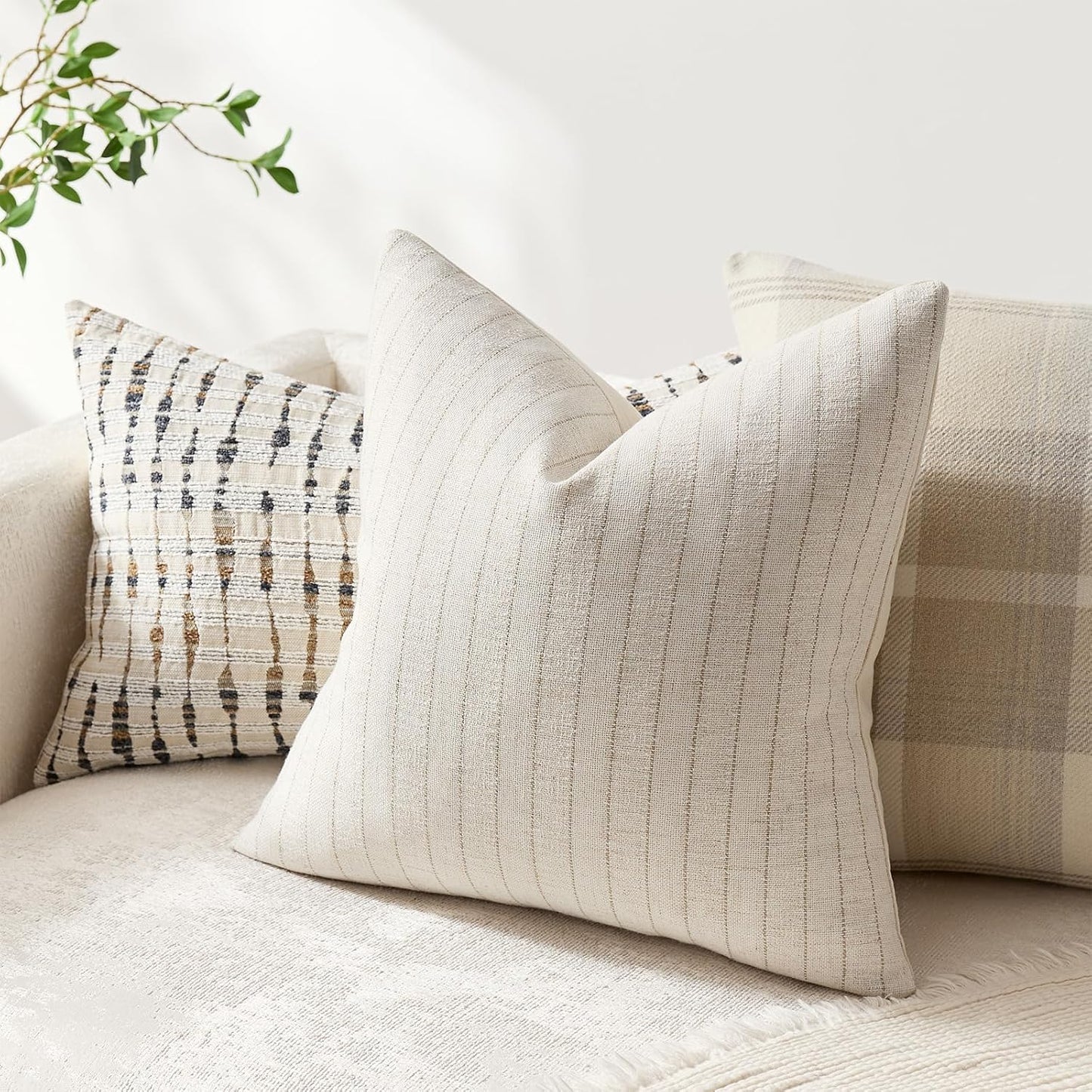 Linen Striped Throw Pillow Covers Neutral Couch Pillow Cases Farmhouse / Beige / 18 x 18 / Set of 2