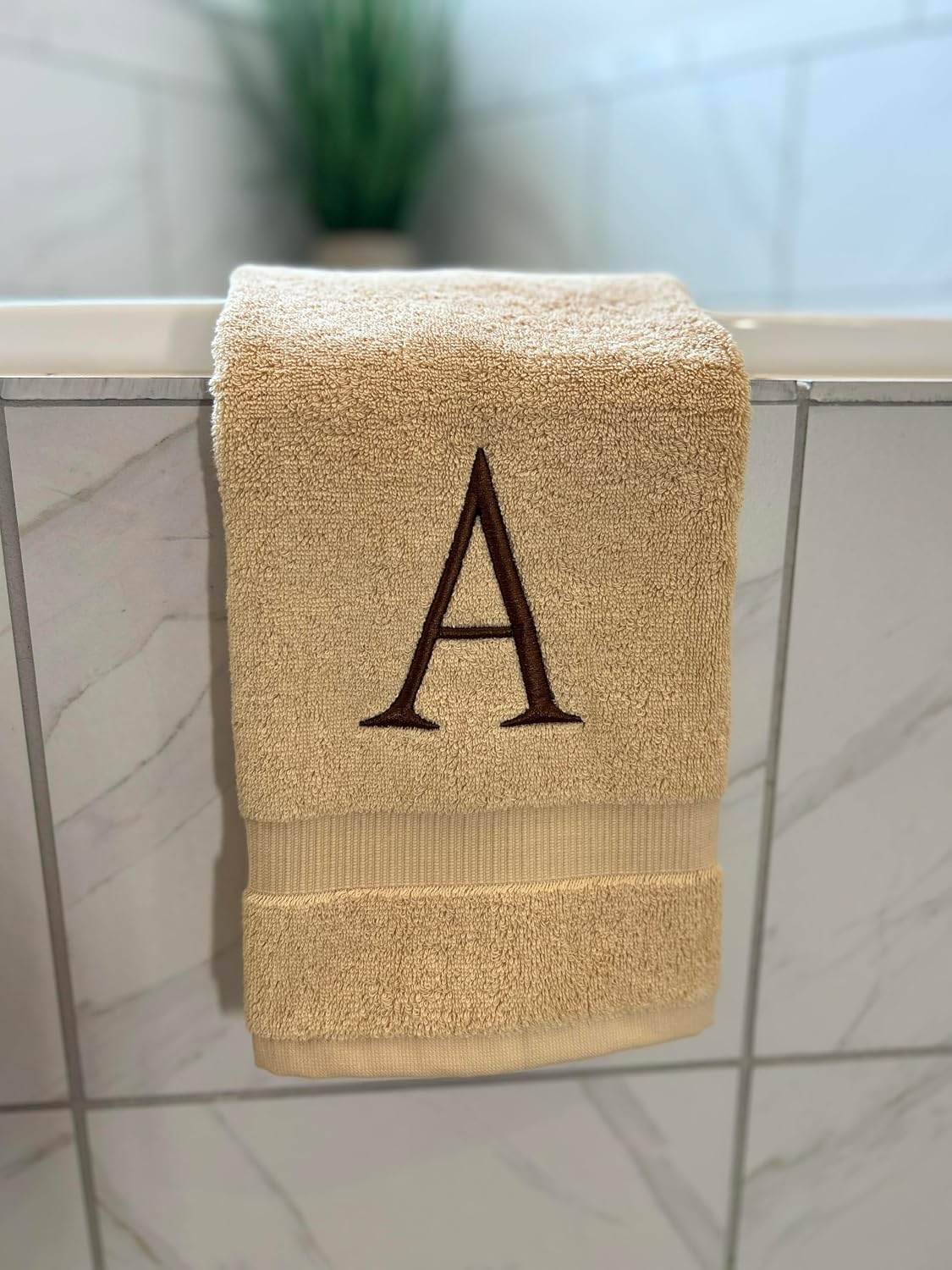 Beige with Brown Monogrammed Hand Towels for Bathroom - Set of 2 Letter K | Luxury Hotel Quality Initial Towels For