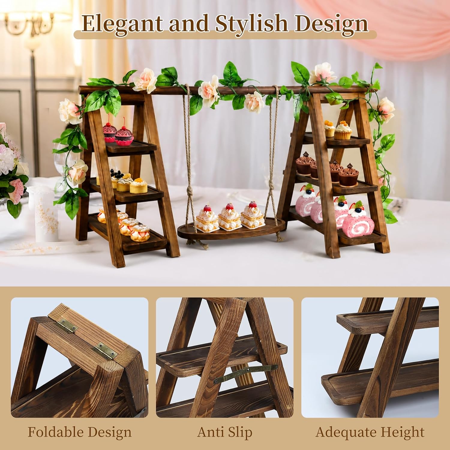 Large Wooden 3 Tier Swing Cupcake Stand / Brown