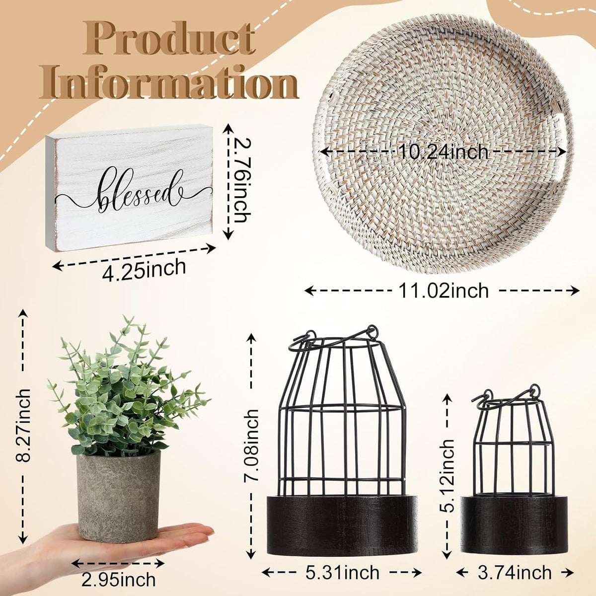 Modern Rustic Farmhouse Candle Lantern Set of 5, Small, Black, Brown | Decorative Lanterns Centerpieces with Tray for