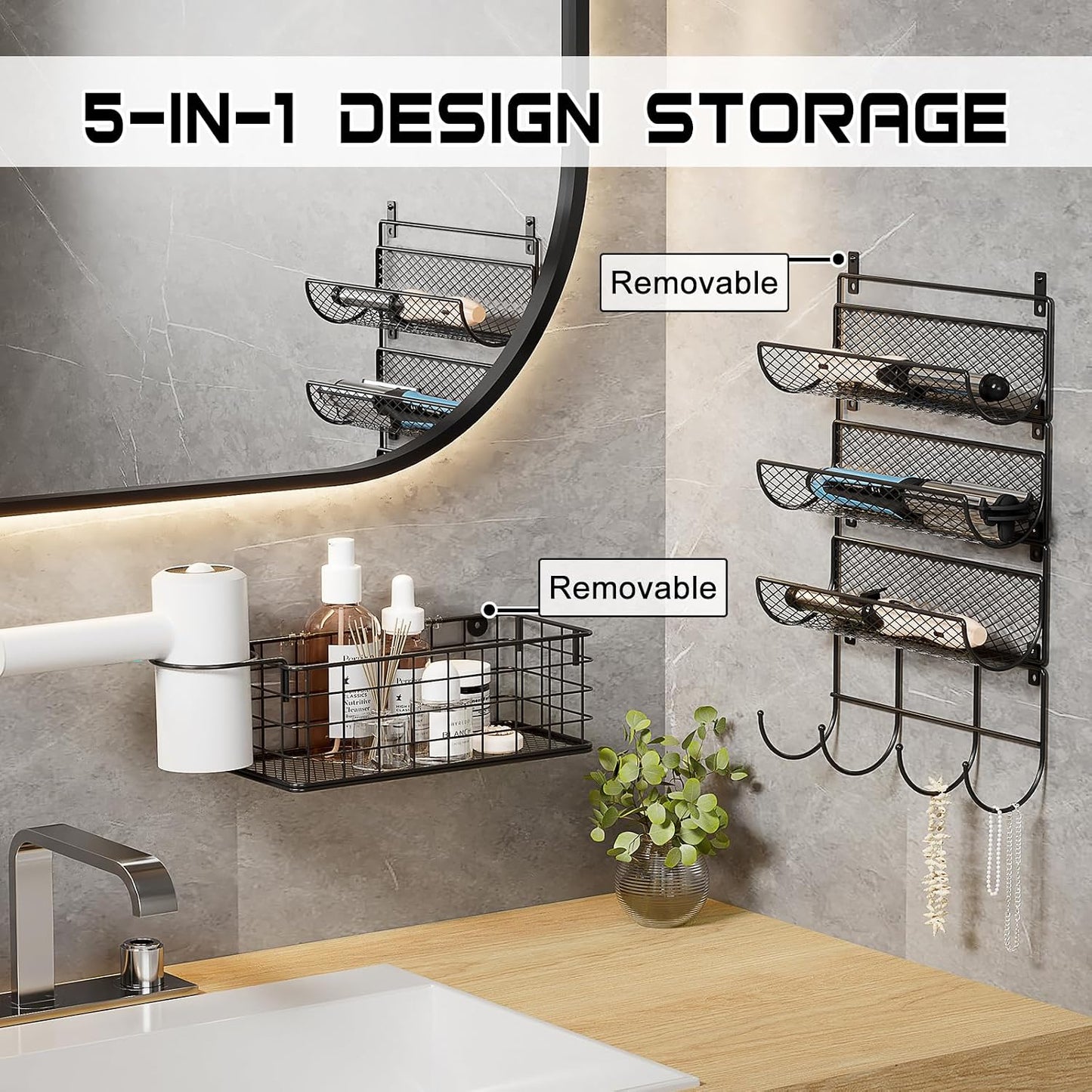 Wall-Mounted Hair Dryer Holder Styling Tool Organizer 4-Shelf Storage Wire Basket with Hook Heat Safe Rack for