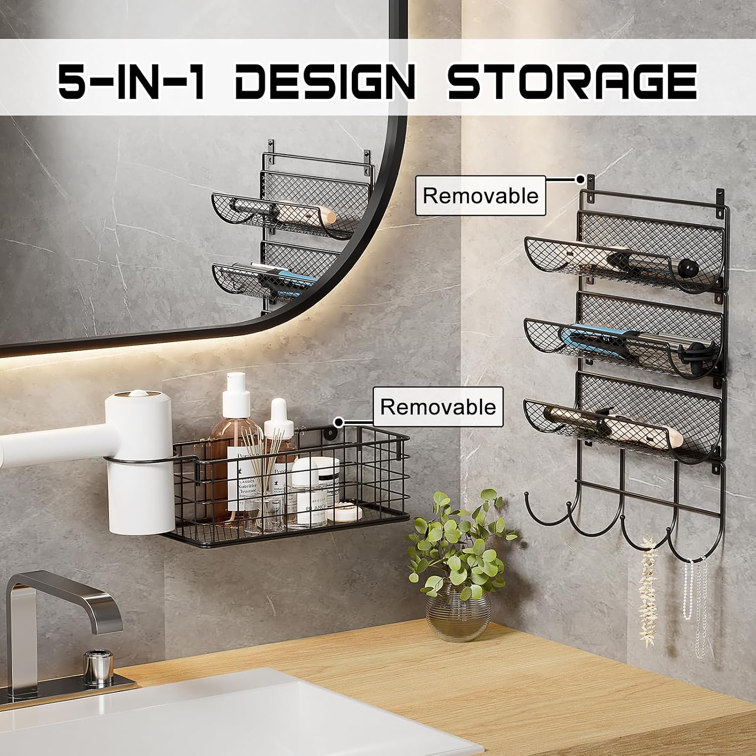 Wall-Mounted Hair Dryer Holder Styling Tool Organizer 4-Shelf Storage Wire Basket with Hook Heat Safe Rack for