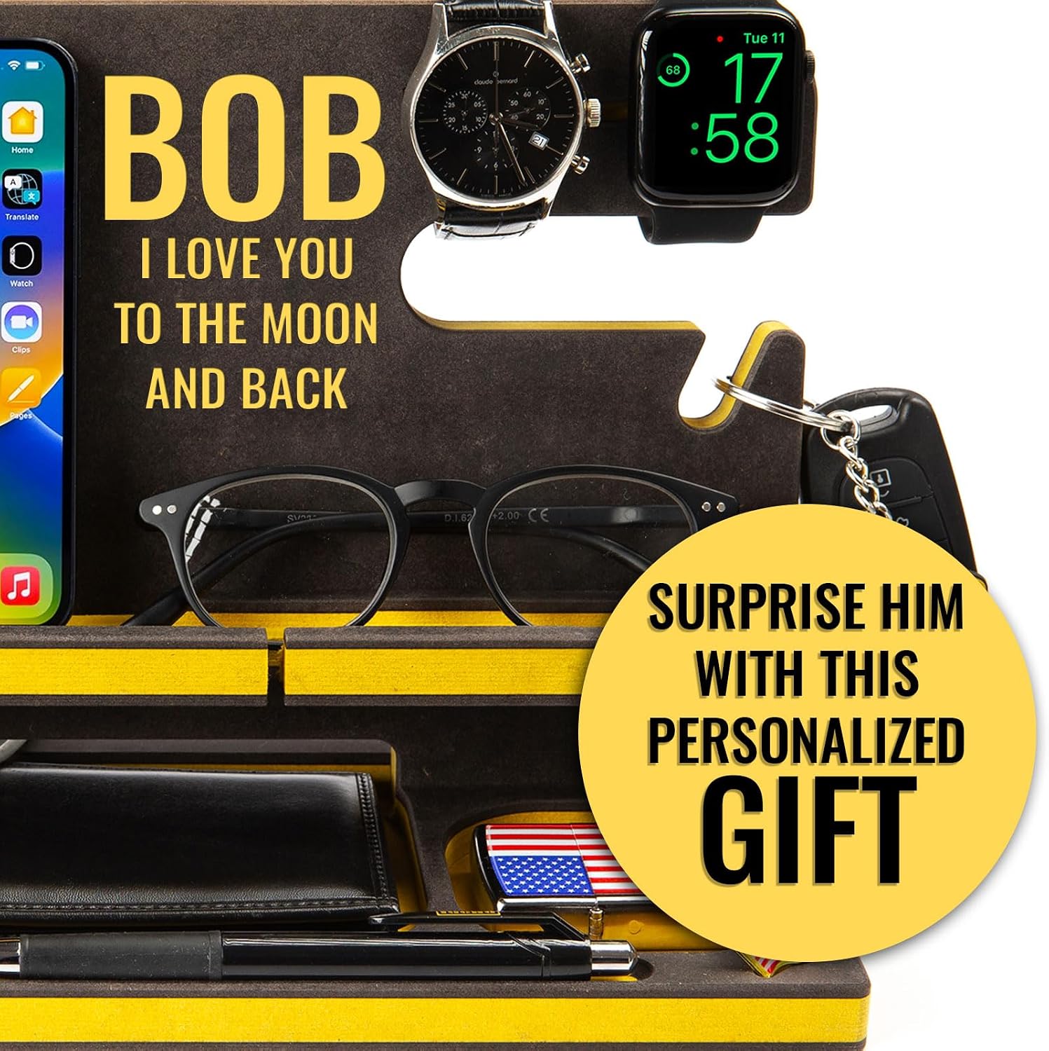 Personalized Wood Docking Station for Cell Phone, Tablet, Wallet, Gadgets, Keys, Accessories, Essentials Desk