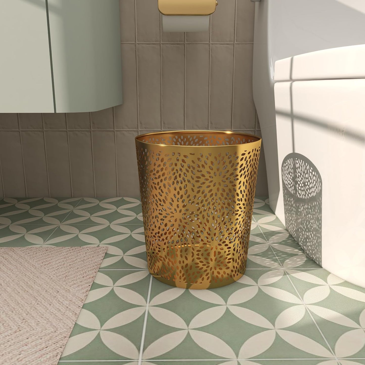 CosmoLiving Metal Floral Small Waste Bin, Trash Can 9" x 9" x 10", Gold | Office Bathroom Floral Waste Basket With