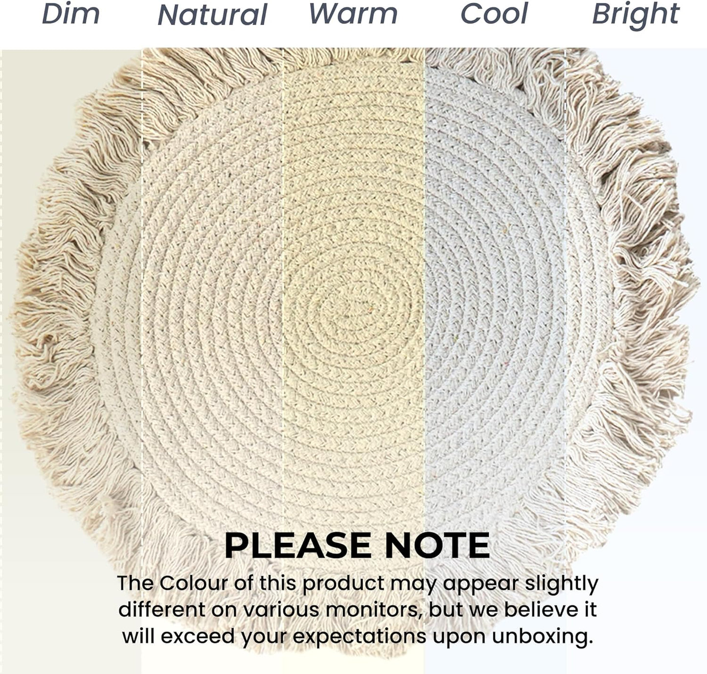 Fine Living Round Placemats Set of 4 with 4 Free Coasters, 15 Inch, Ivory | Washable Heat Resistant Non-Slip Braided