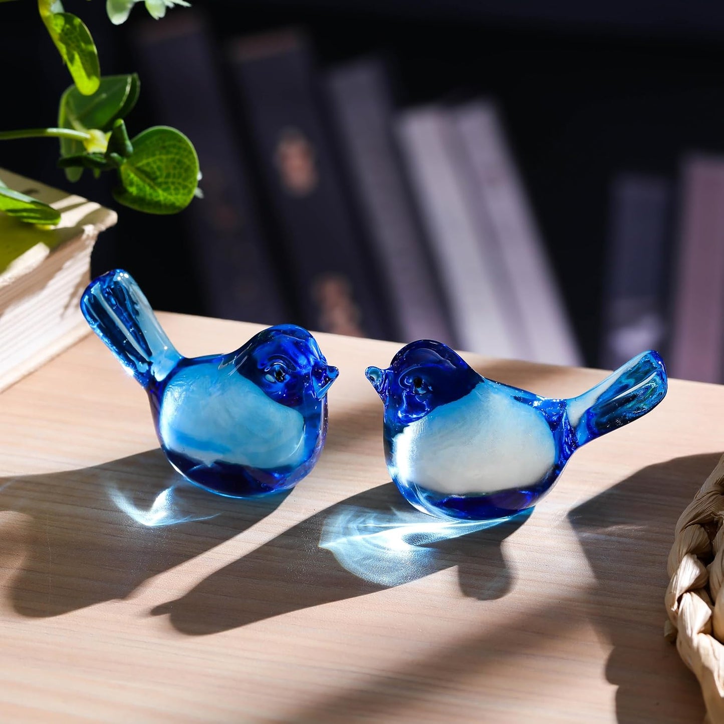 Handmade Blown Glass Birds Animals Figurines Crystal Office Desk Table / Sky Blue / Set of 2