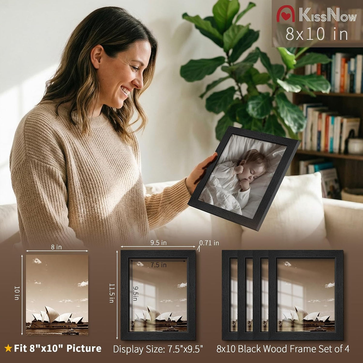 8x10 Picture Frame 4 Pack, Black Solid Wood Photo Frame with Glass | Tempered Glass, Thick & Wide Border, Vertical or