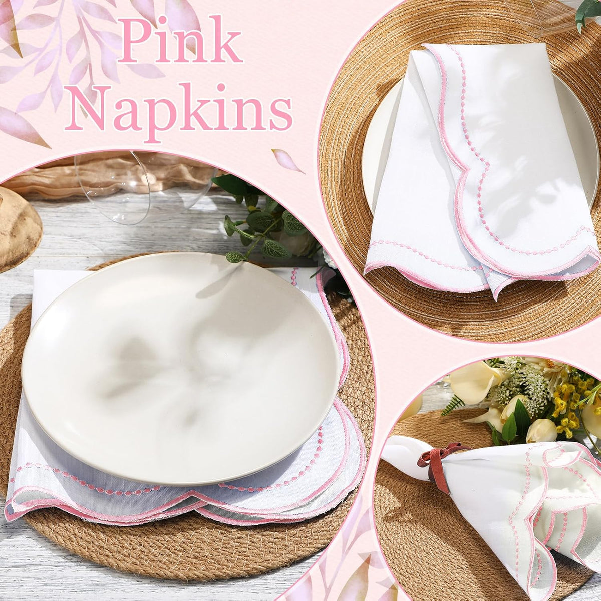 Hahafelt Cloth Napkins 18x18inches Scalloped Embroidery Cloth Napkins Washable Polyester Table Dinner for Hotel