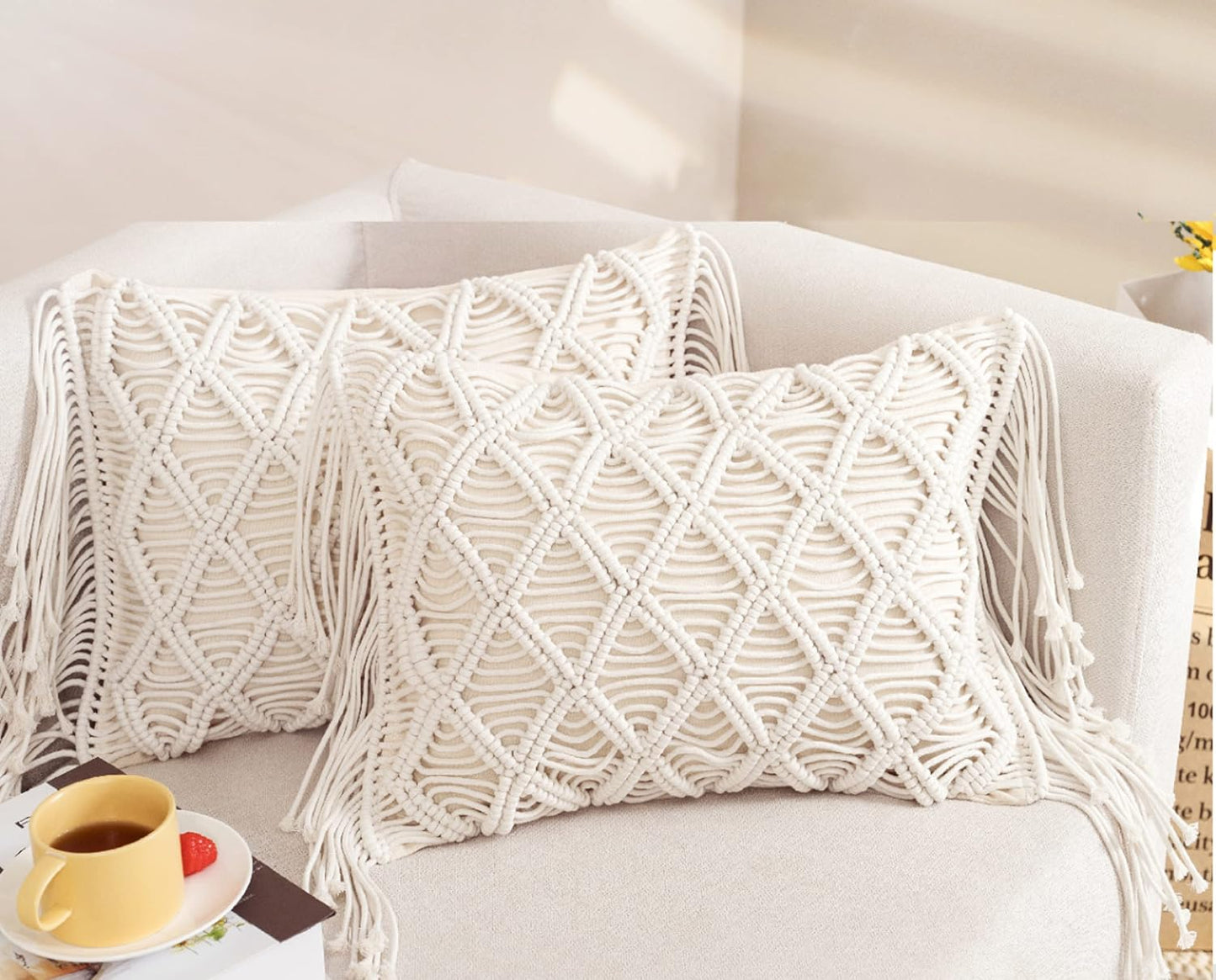 Macrame Lumbar Pillow Cover- Decorative Thorw Pillowcase Boho Tassel Cushion Covers / A / Set of 2