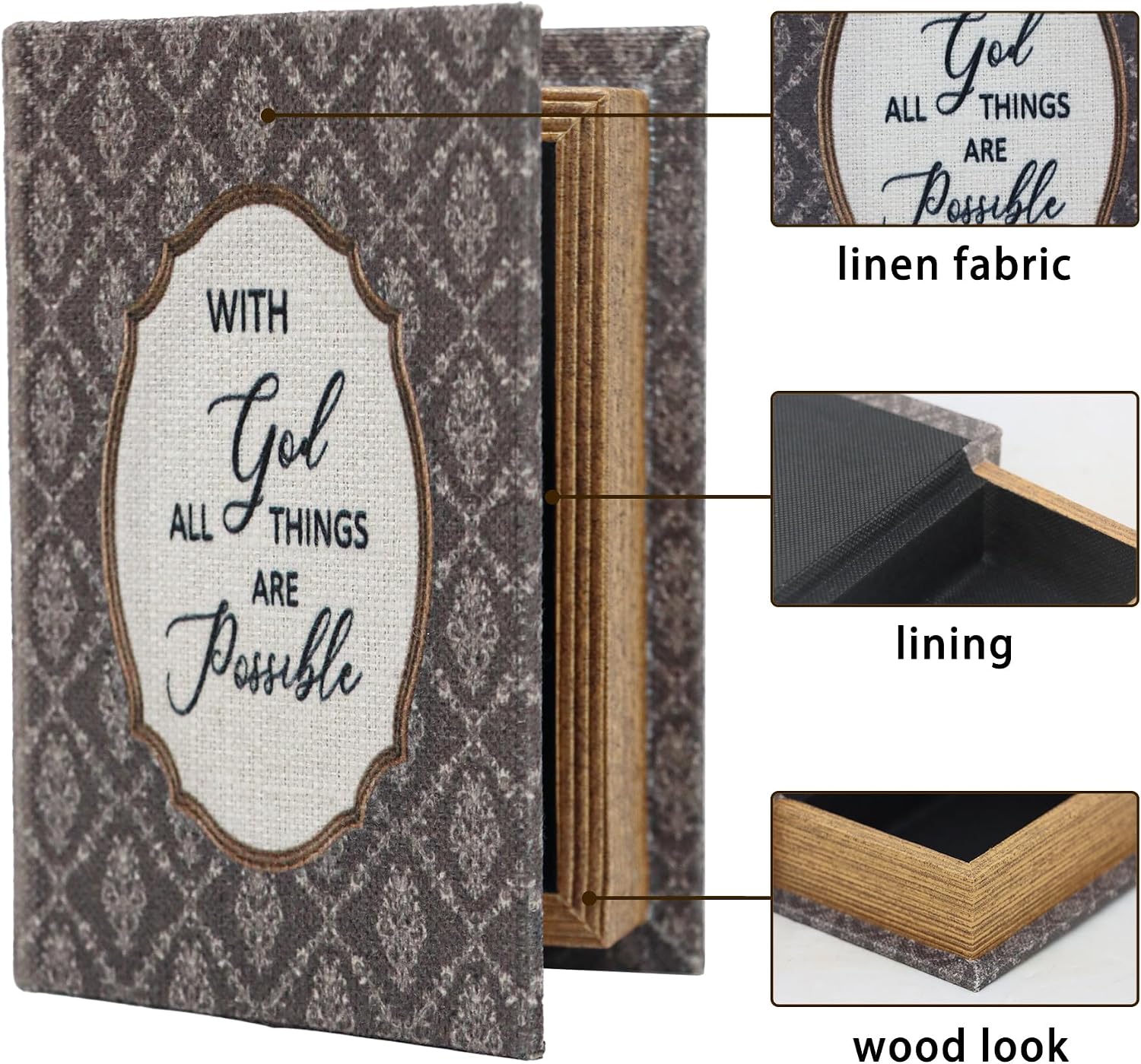 Wooden Book-Shaped Storage Box / with God All Things Are Possible) / 4.5"L x 5.9"W x 1.6"H