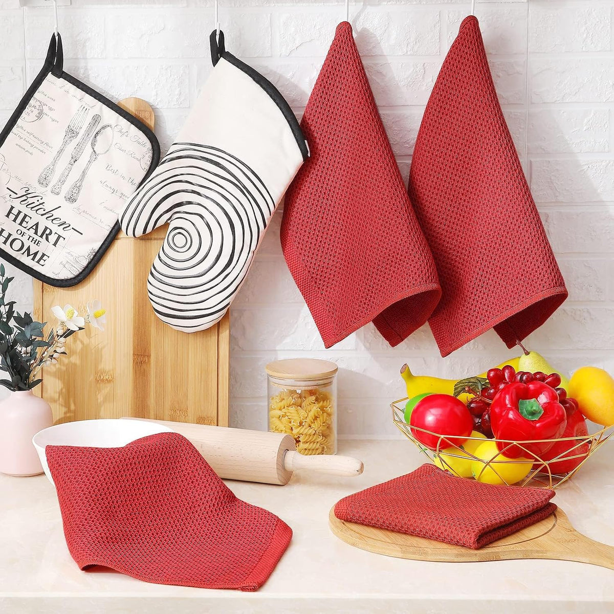 Homaxy 100% Cotton Waffle Weave Kitchen Dish Cloths 18-Pack, Brick Red | 12 x 12 Inches, Ultra Soft Absorbent Dish