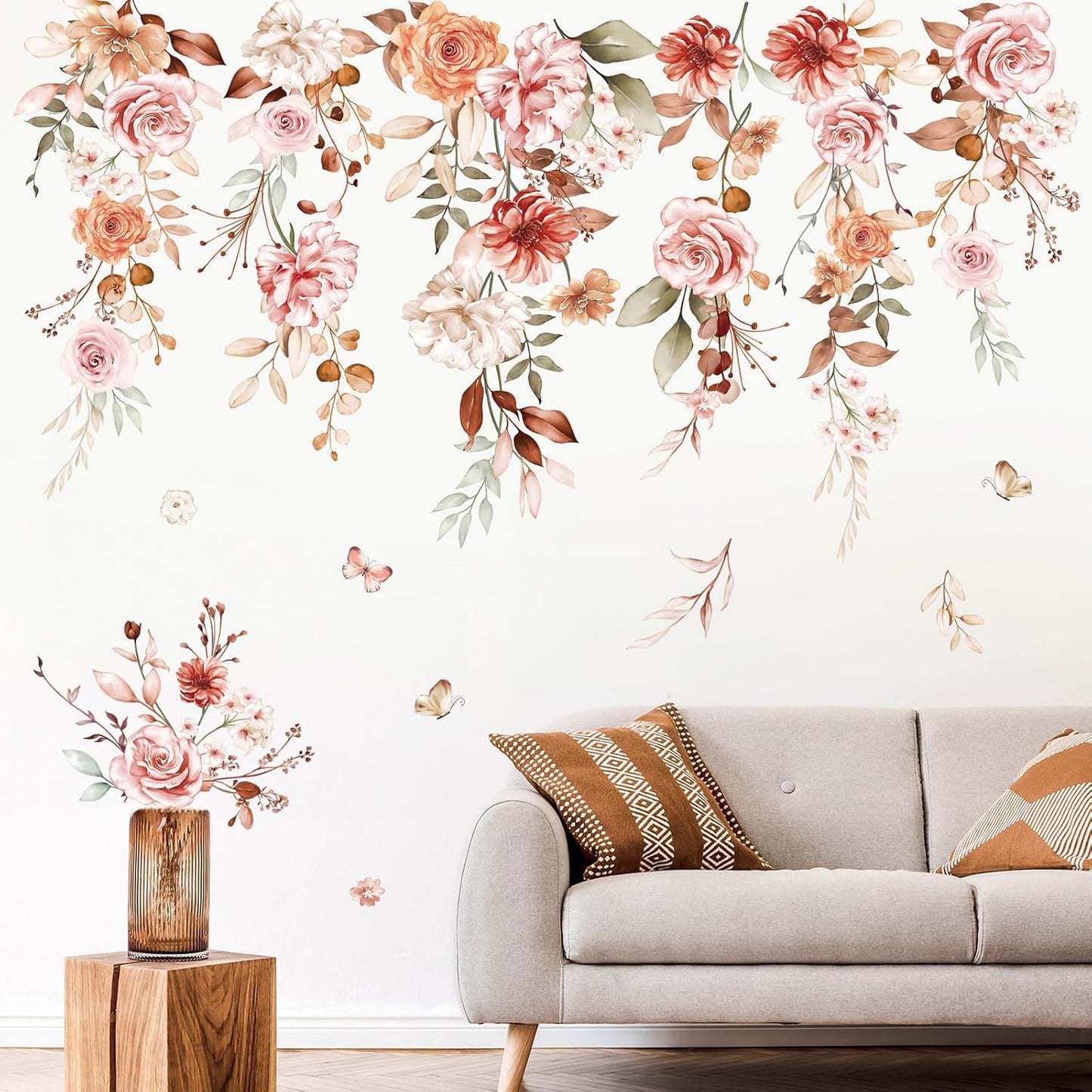 Hanging Flower Vine Wall Stickers Boho Floral Leaves Peel and Stick Wall Art Decals