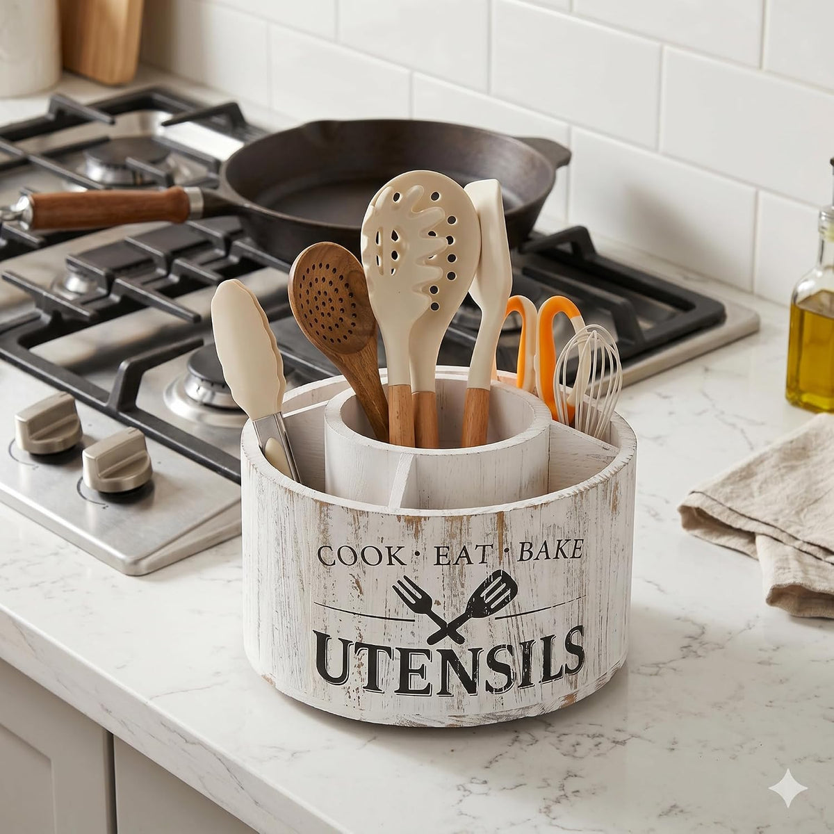 10.2 Inch Extra Large 360° Rotating Utensil Holder | Farmhouse Kitchen 5 Compartments, Lazy Susan Utensil Crock for