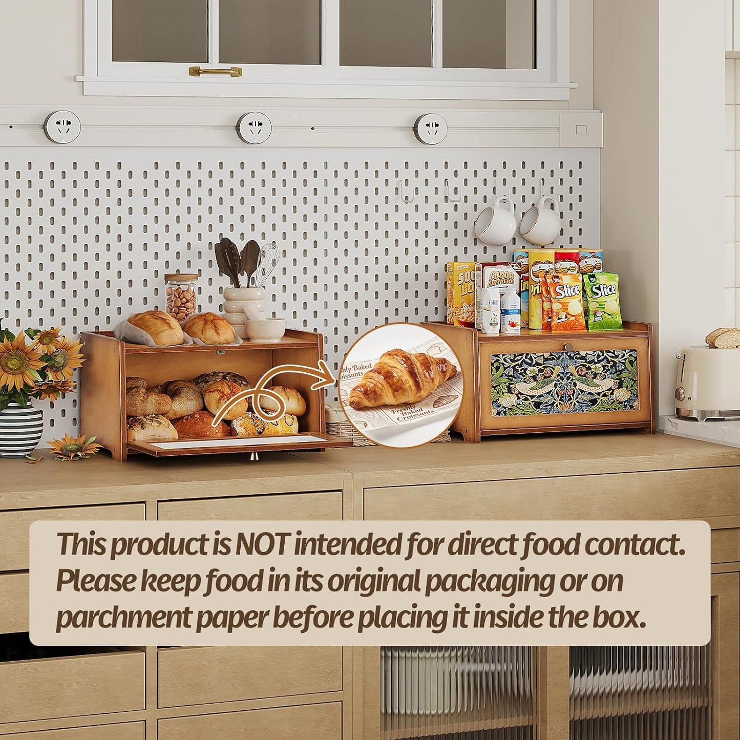 Trironsun Bamboo Bread Box for Kitchen Counter Black Bread Storage Container with Acrylic Door William Morris Flower