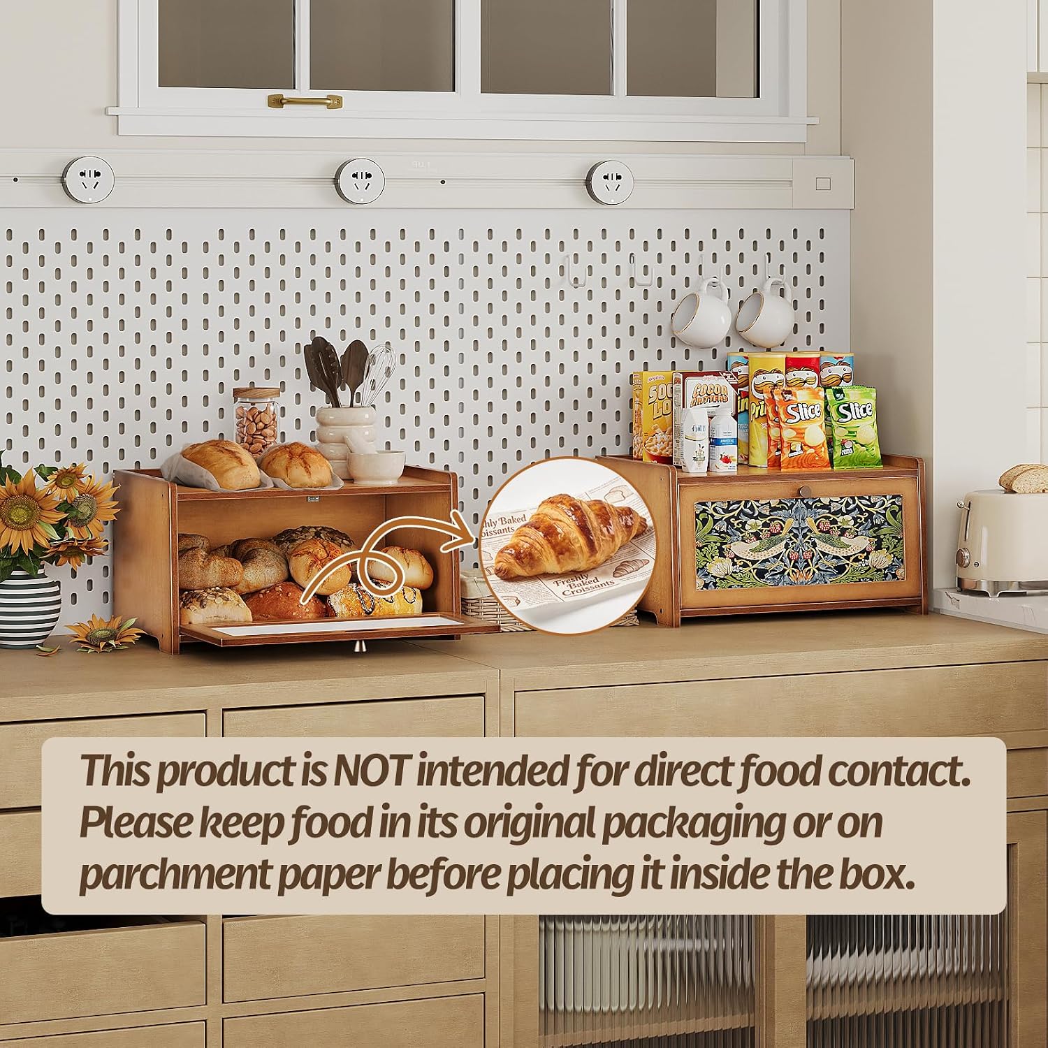 Trironsun Bamboo Bread Box for Kitchen Counter Black Bread Storage Container with Acrylic Door William Morris Flower