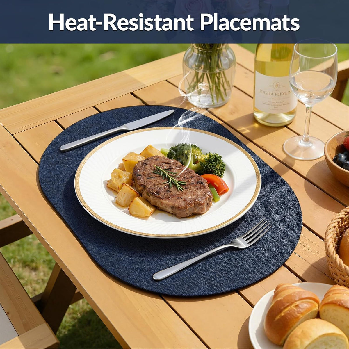 Placemats Set of 6, 11.8 x 17 Inch, Navy | Heat Resistant Oval Faux Leather Place Mats, Waterproof Wipeable Reversible