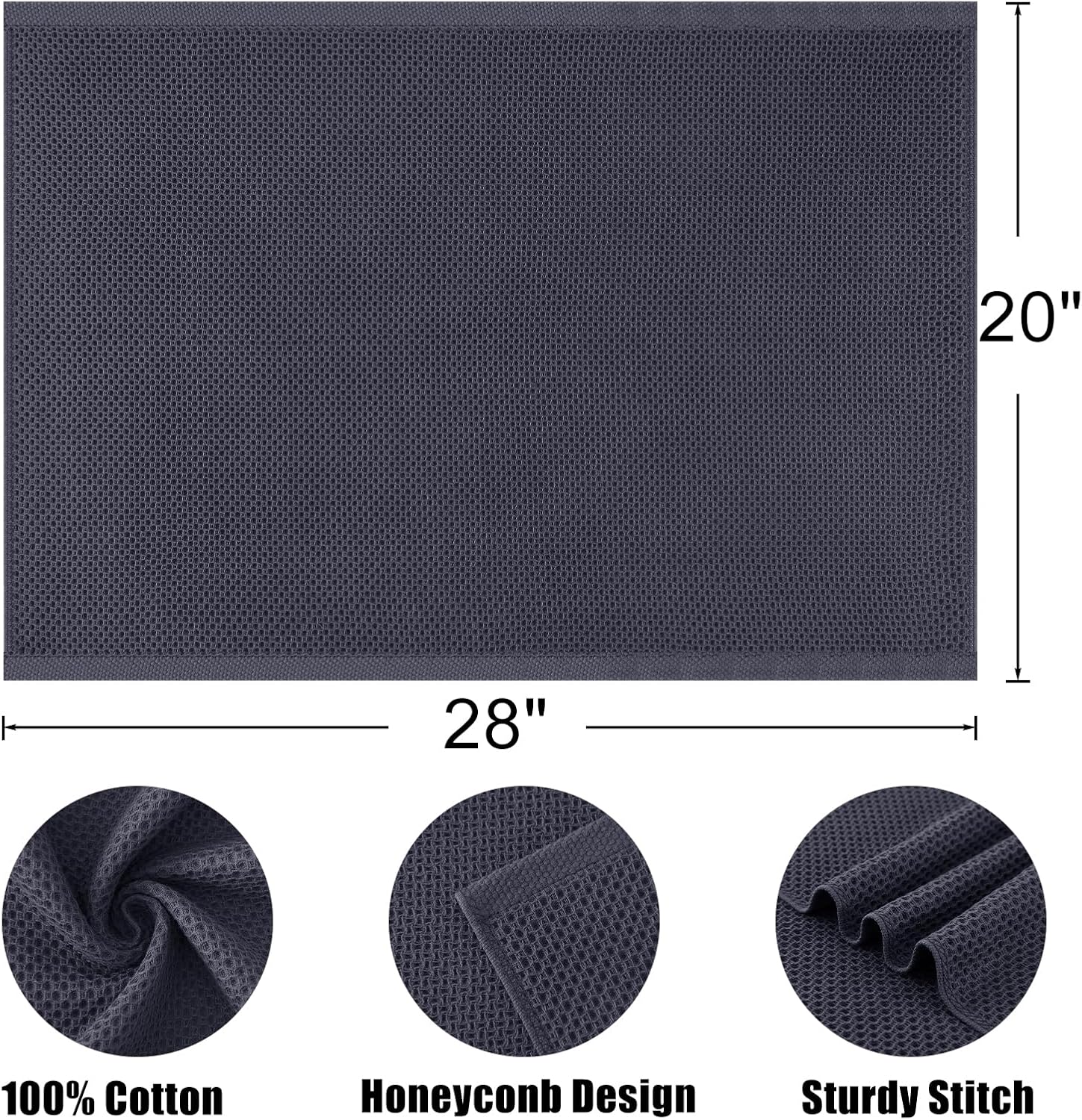 Kitinjoy 100% Cotton Waffle 4-Pack Kitchen Towels, 20" x 28", Dark Grey | Super Soft, Ultra-Absorbent, Fast Drying