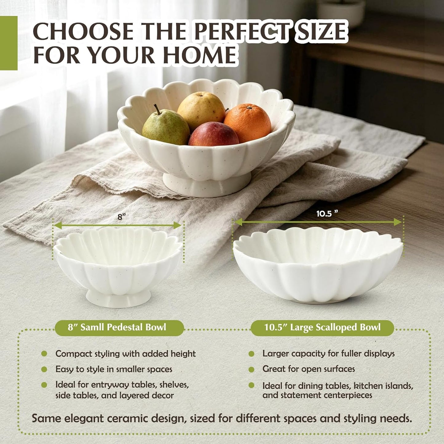 8- Medium Fluted Ceramic Decorative Bowl / Cream White