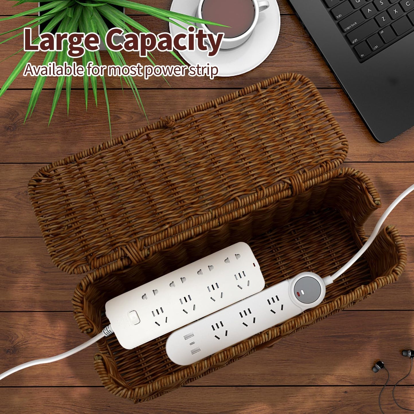 Desk Handwoven Rattan Cord Hider Cable Organizer Box / Brown