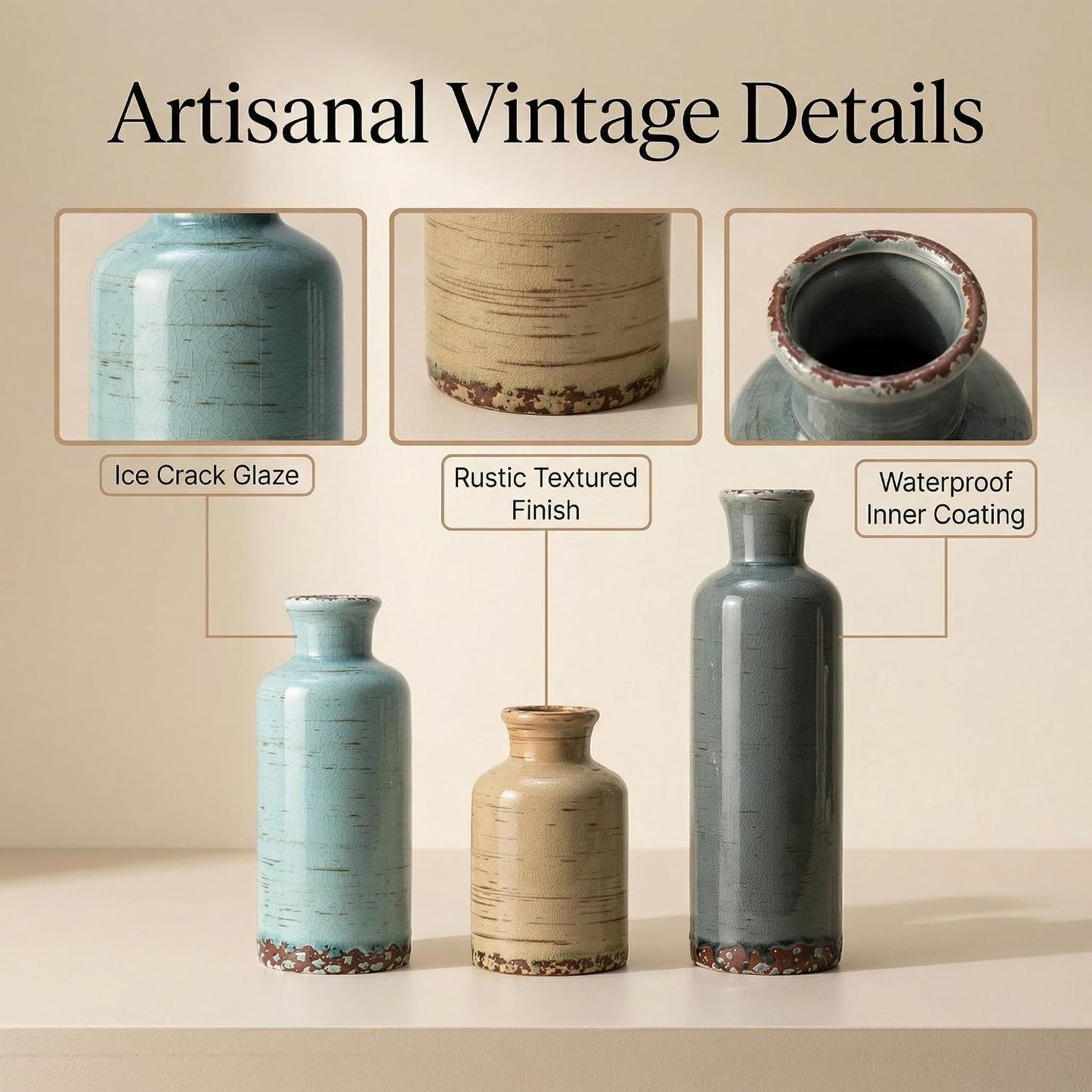 Rustic Farmhouse Vase / 107-gray Blue Stripe / Set of 3