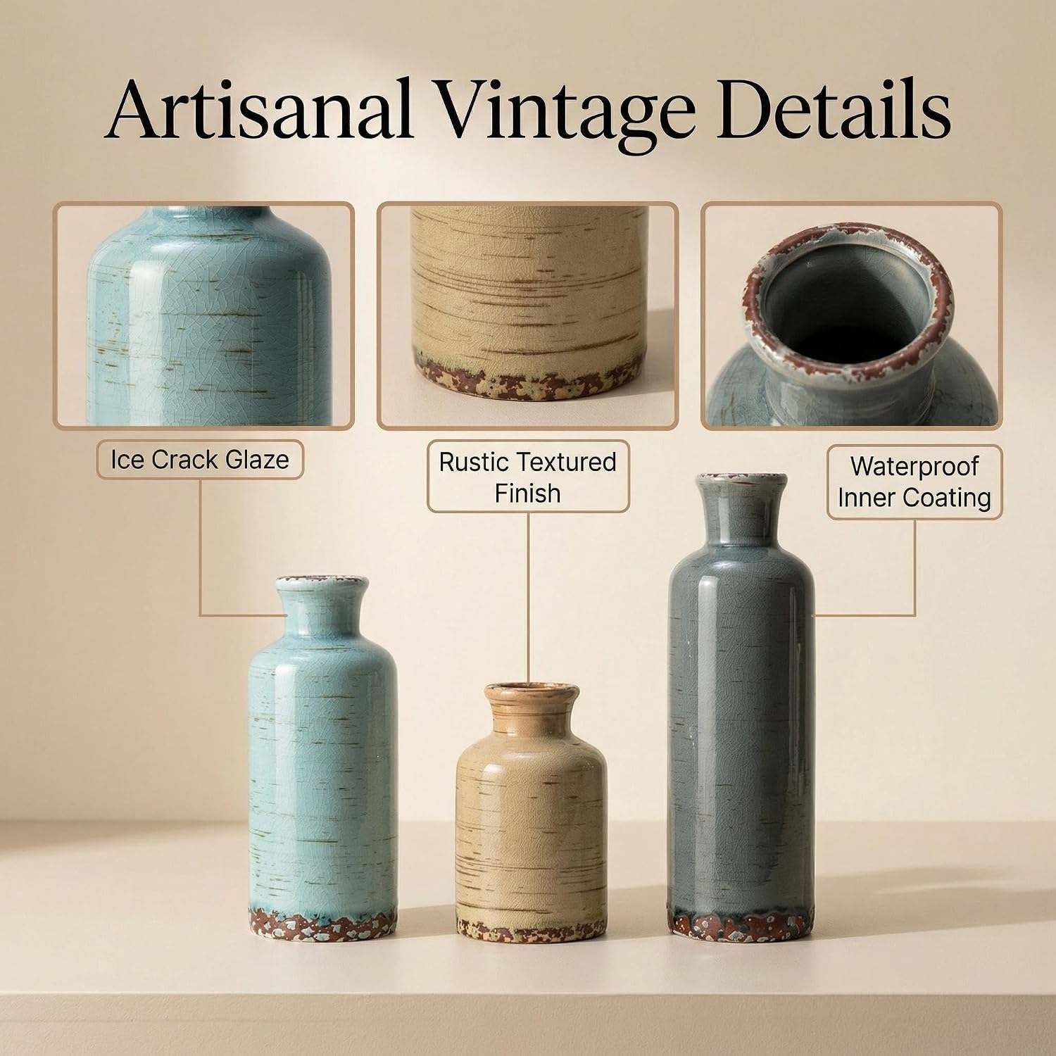 Rustic Farmhouse Vase / 107-gray Blue Stripe / Set of 3