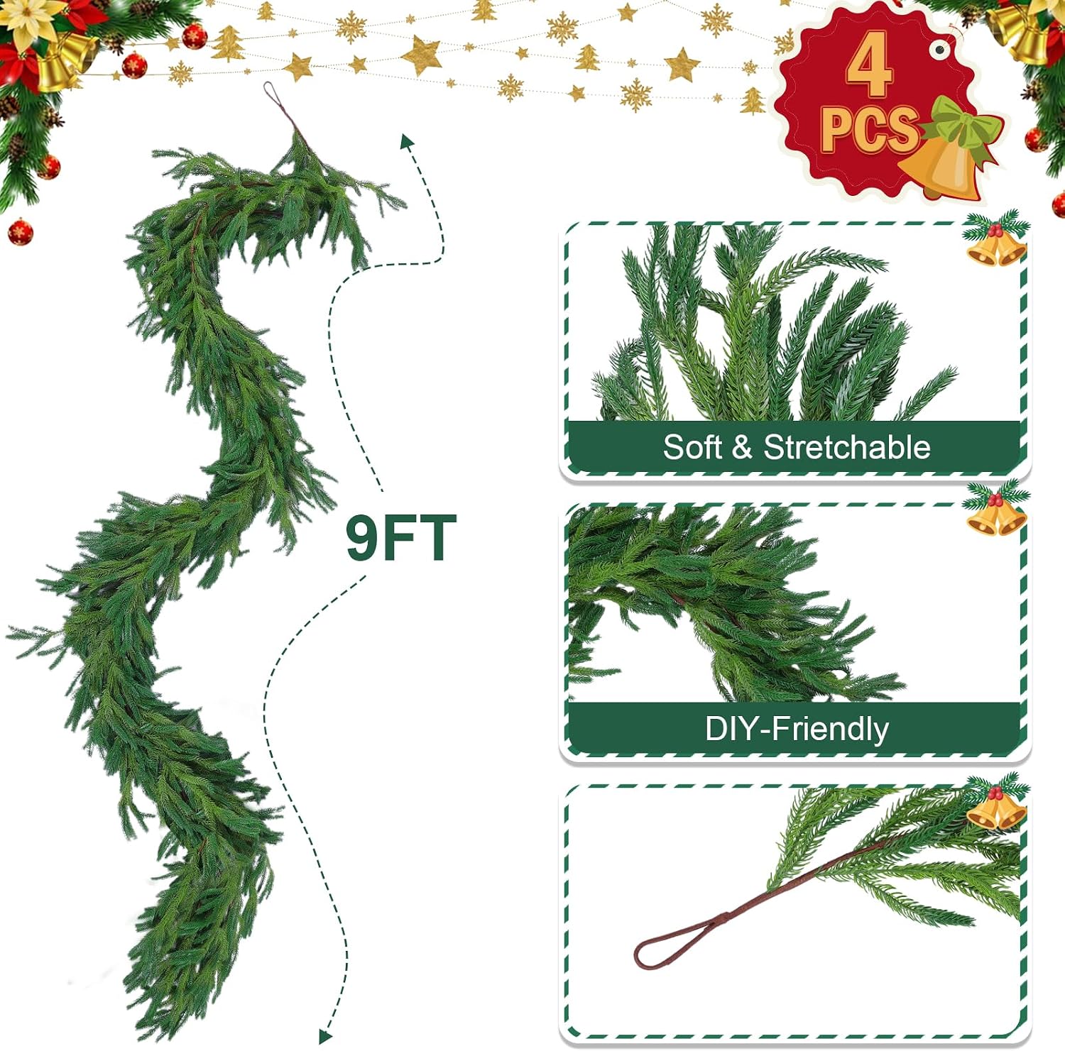 Hananona 4 Pcs 9 Ft Artificial Norfolk Pine Garlands, Realistic Pine Garland, Green Artificial Greenery Garland for