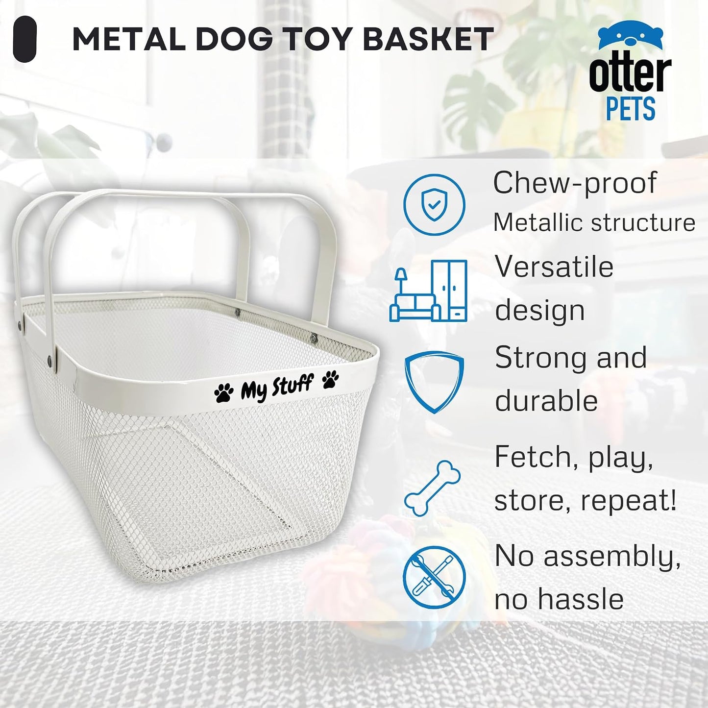 Dog Toy Basket Metal Mesh Metal / White