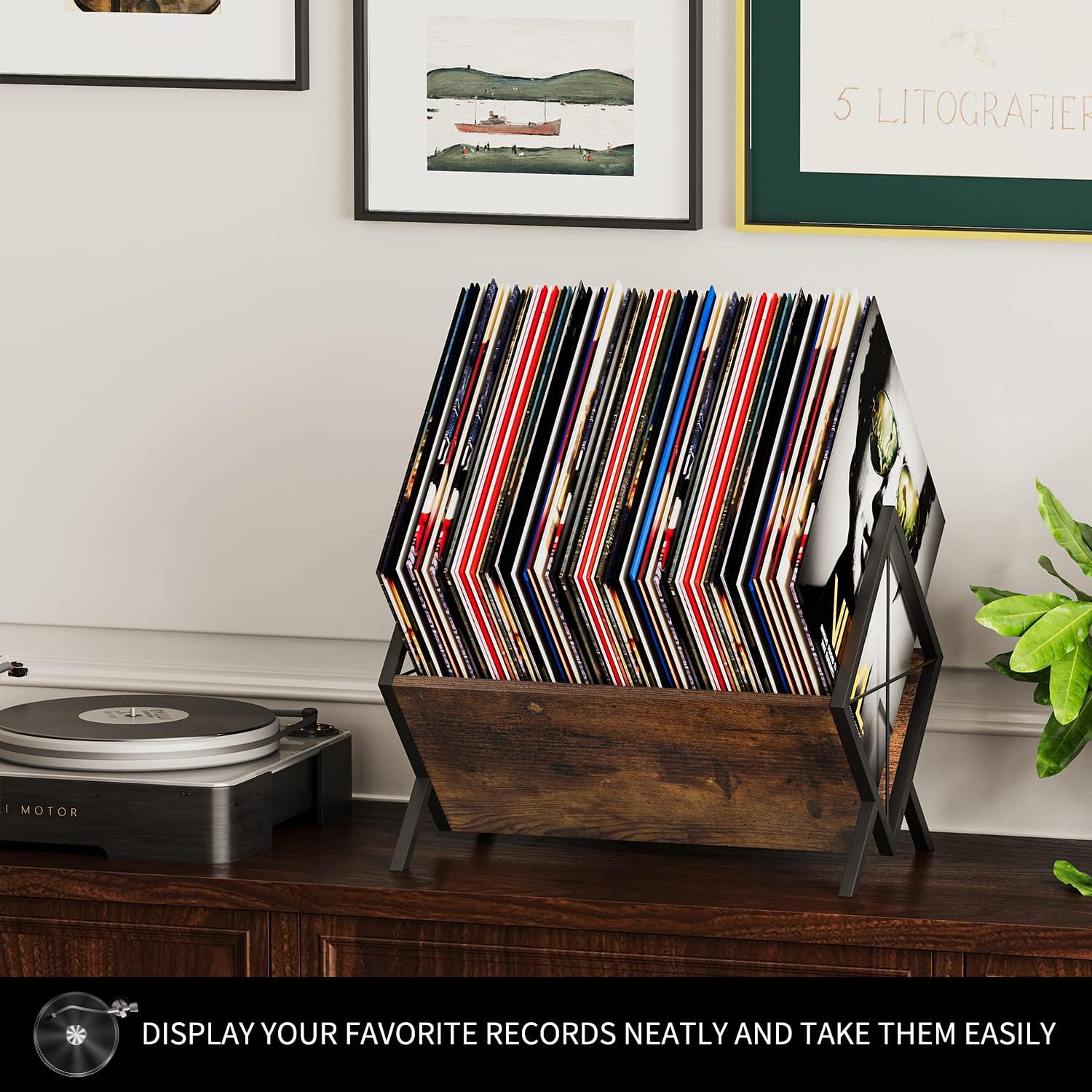 YINMIT Vinyl Record Holder, 80-100 LP Vinyl Record Storage Rack, Quick Assembly Vinyl Record Display, Retro Style