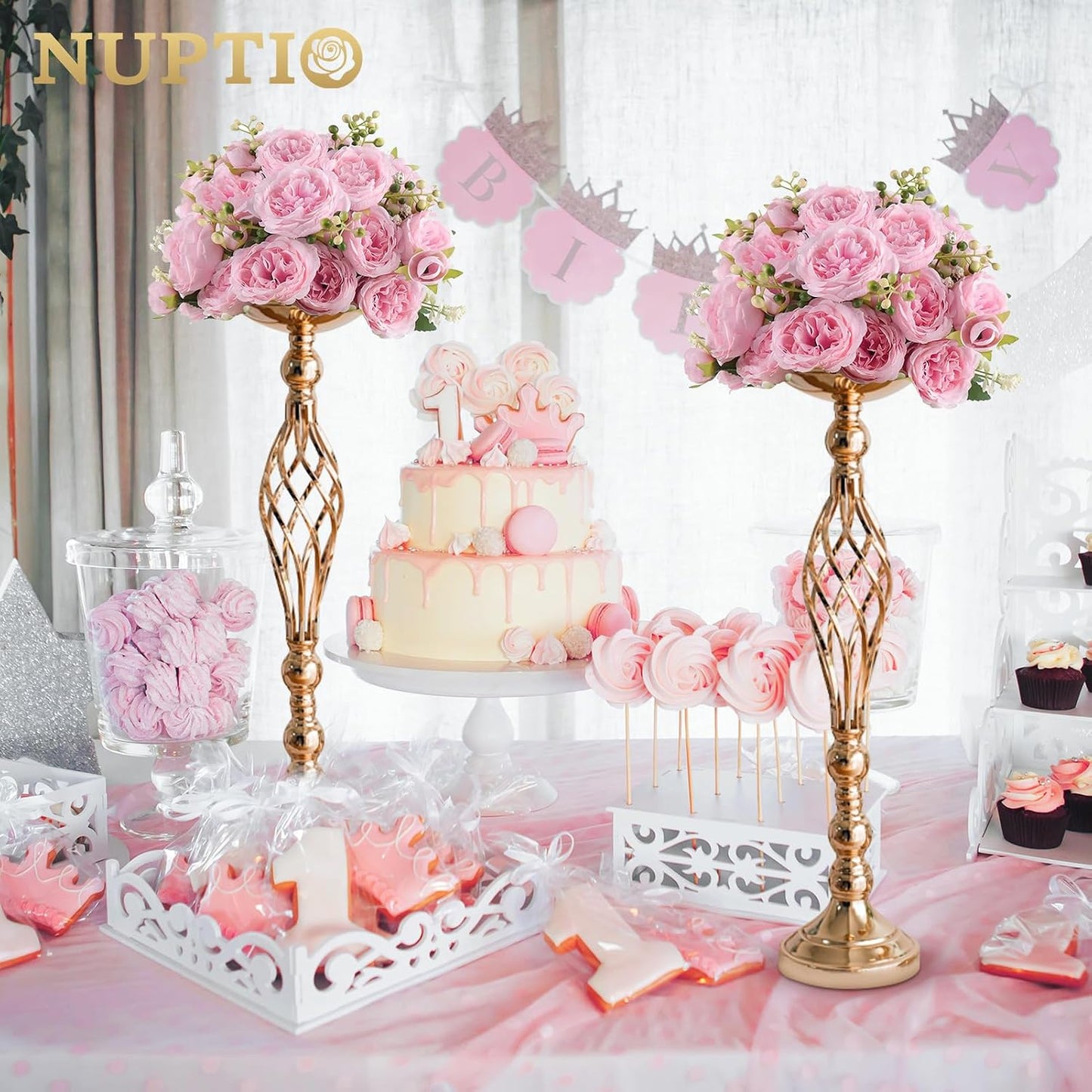 NUPTIO Gold Centerpiece Stand for Table, Twist Style, 22.8" Tall, 2 Pcs | Versatile Flower Arrangement, Candle Holder