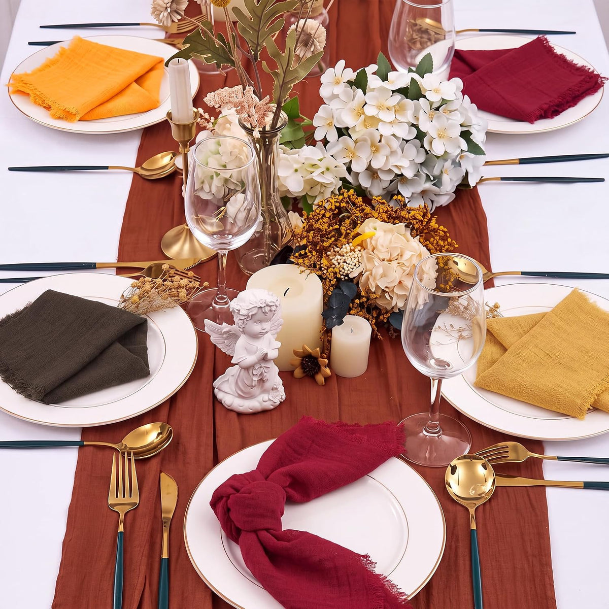 TURSTIN 24 Pieces Thanksgiving Cotton Linen Cloth Napkin Handmade Cloth | Fall Napkin with Fringe 17 x 17 Inch Soft