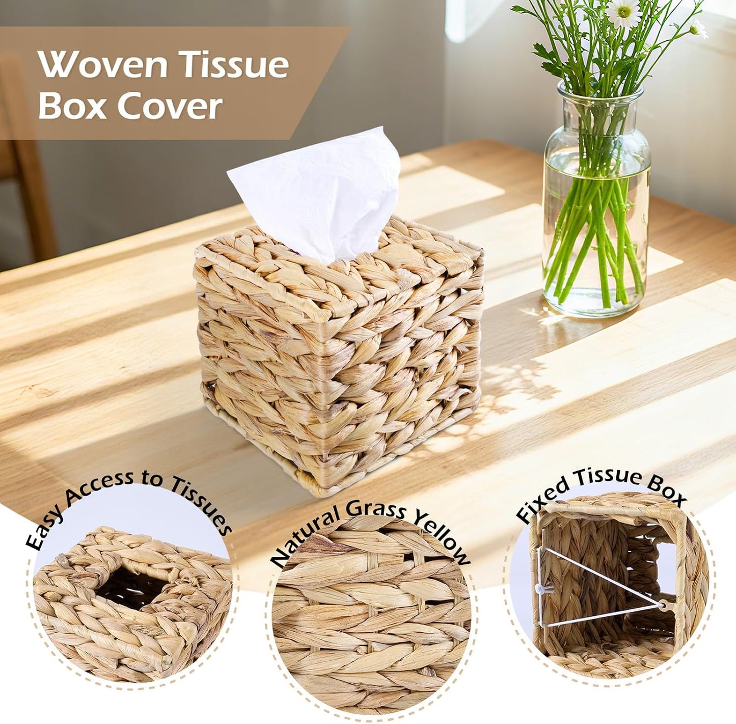 Wicker Trash Can and Handwoven Tissue Box Cover Set Rattan Waste Basket