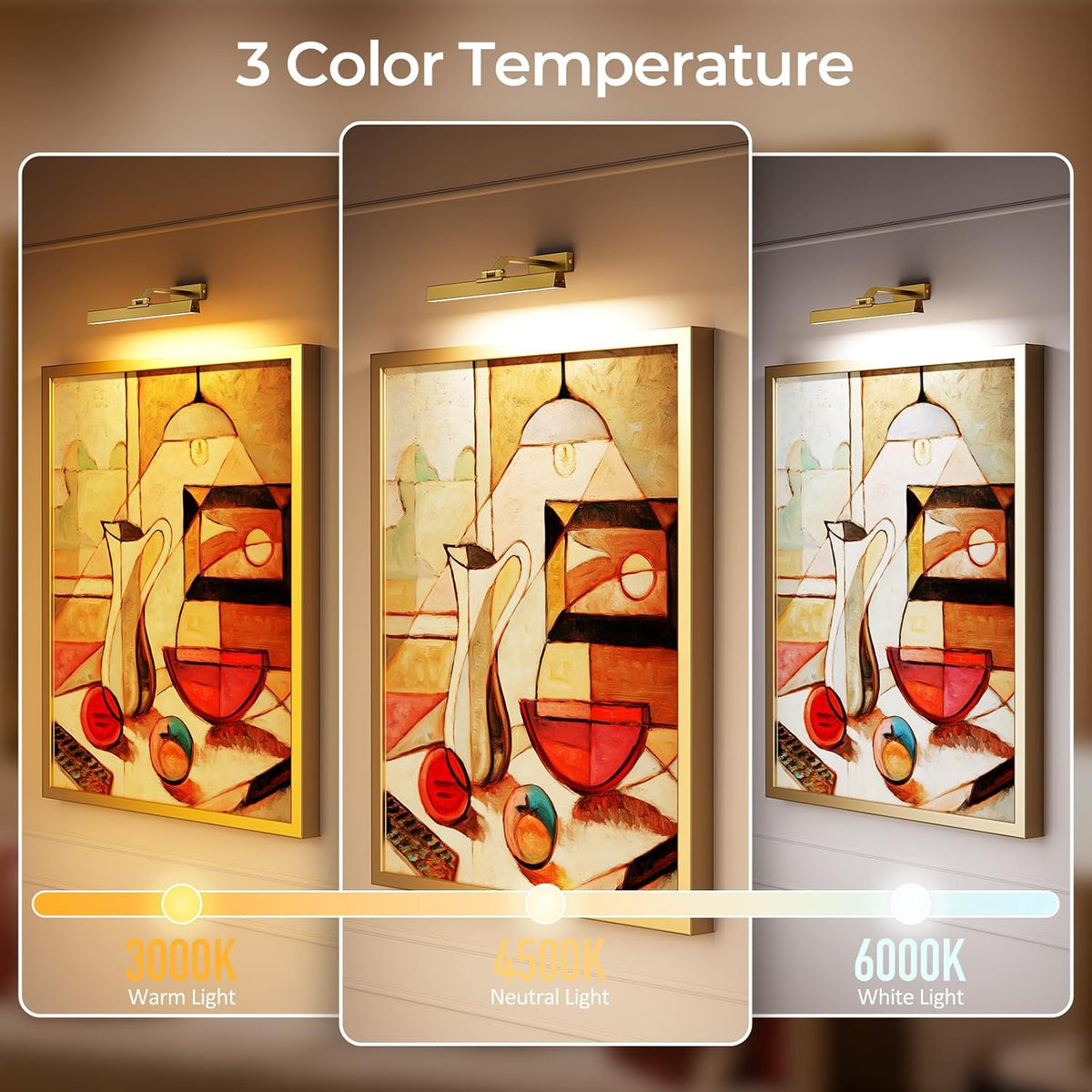 Picture Lights for Wall, Brass Battery Operated Picture Light 16in Art Light CCT Dimmable Recharging Battery Wall Light